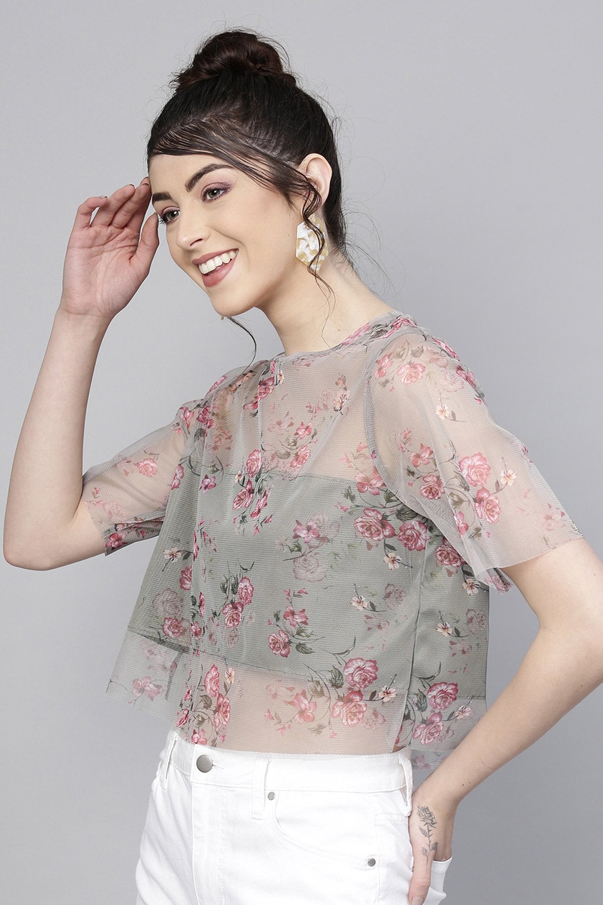 Women's Olive Mesh Floral Boxy Crop Top - SASSAFRAS