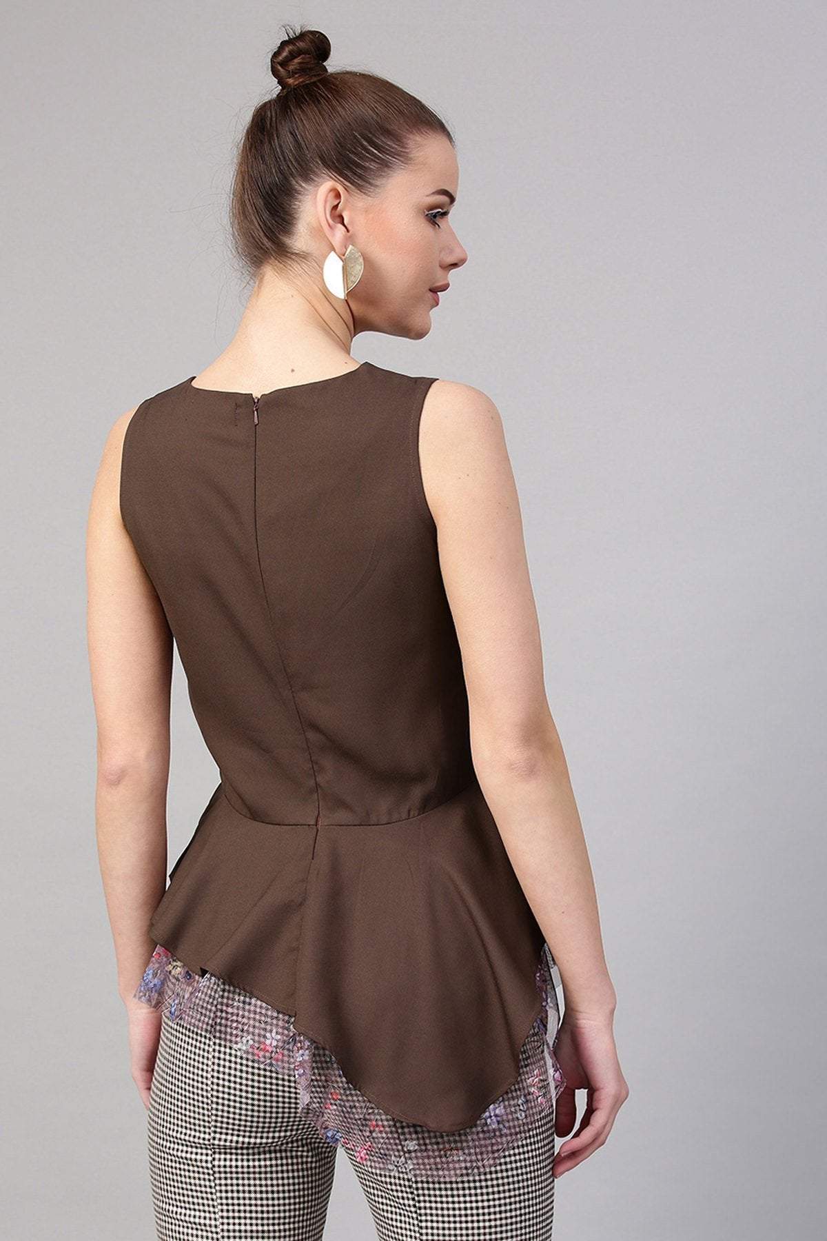 Women's Brown Mesh Floral Asymmetrical Peplum Top - SASSAFRAS