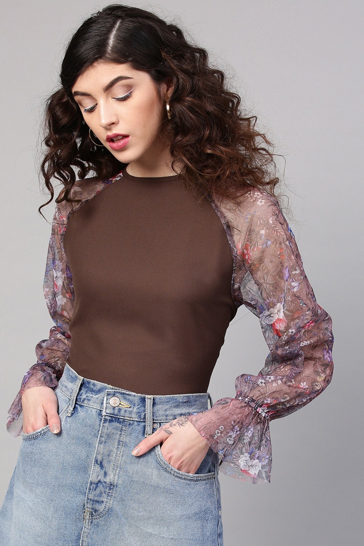 Women's Brown Mesh Floral Raglan Sleeves Blouse