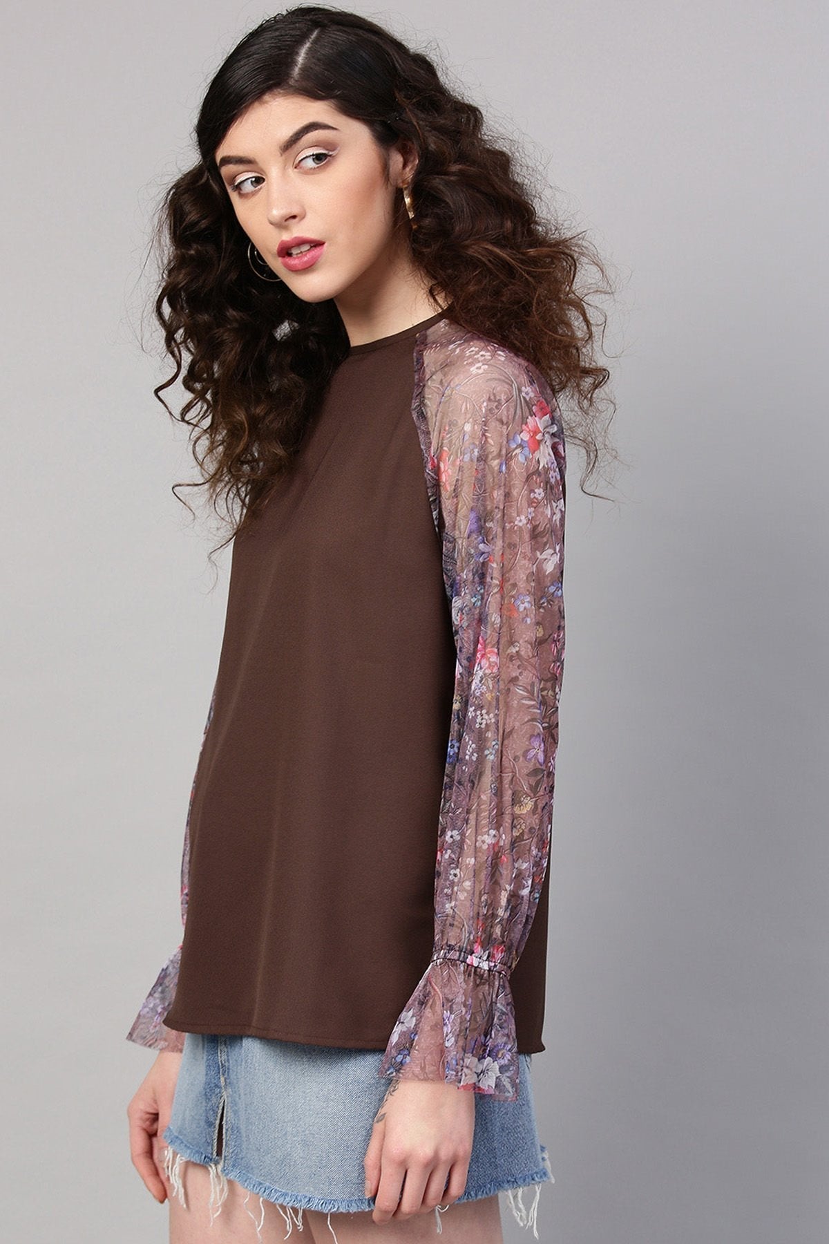 Women's Brown Mesh Floral Raglan Sleeves Blouse