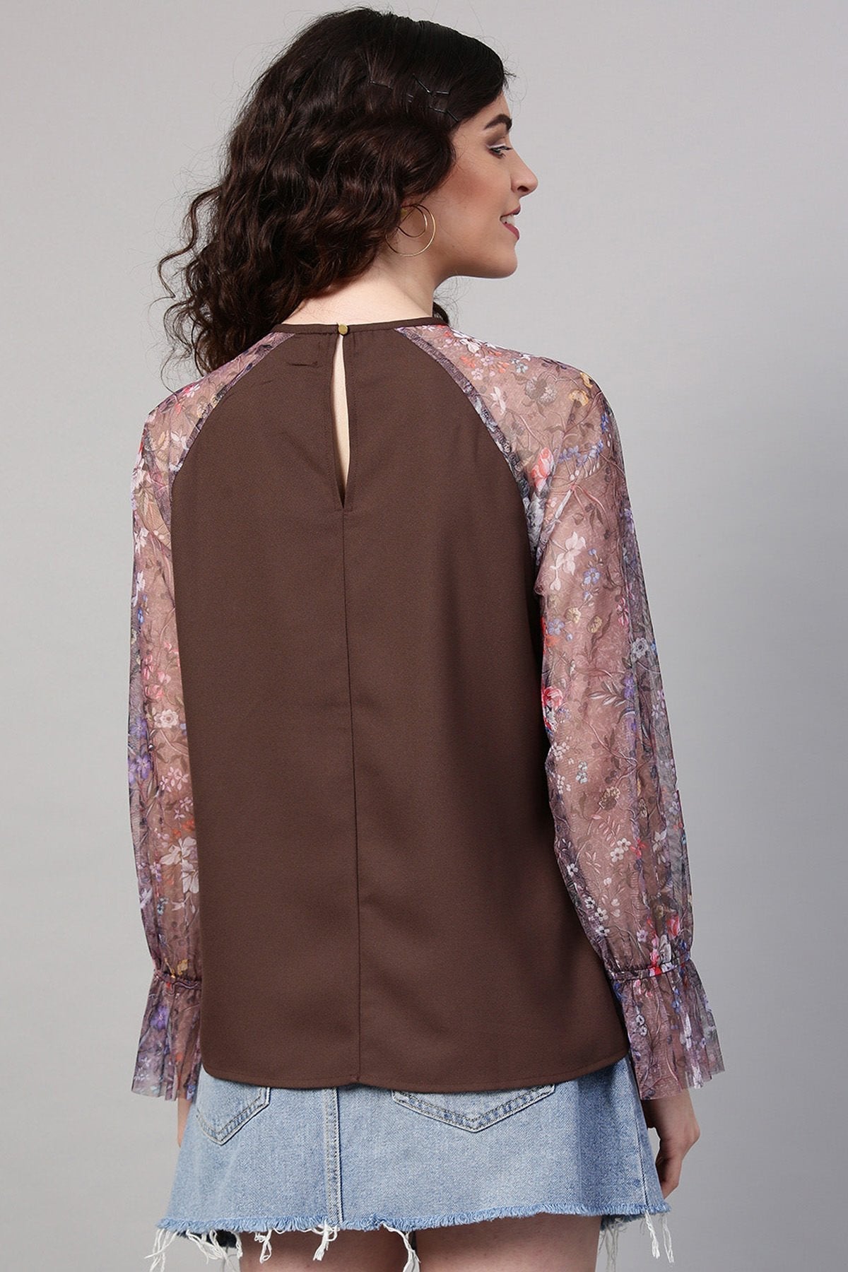 Women's Brown Mesh Floral Raglan Sleeves Blouse