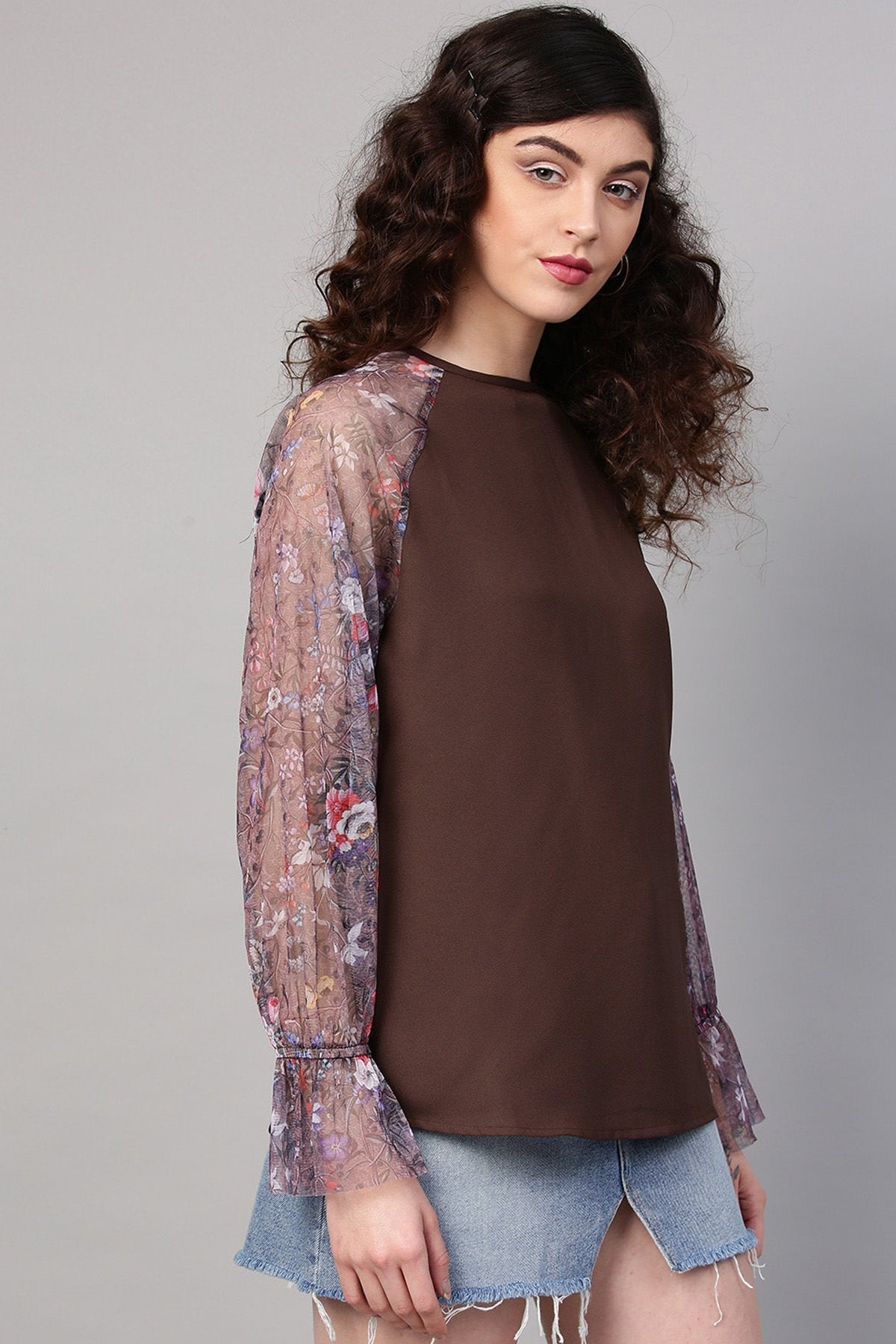 Women's Brown Mesh Floral Raglan Sleeves Blouse