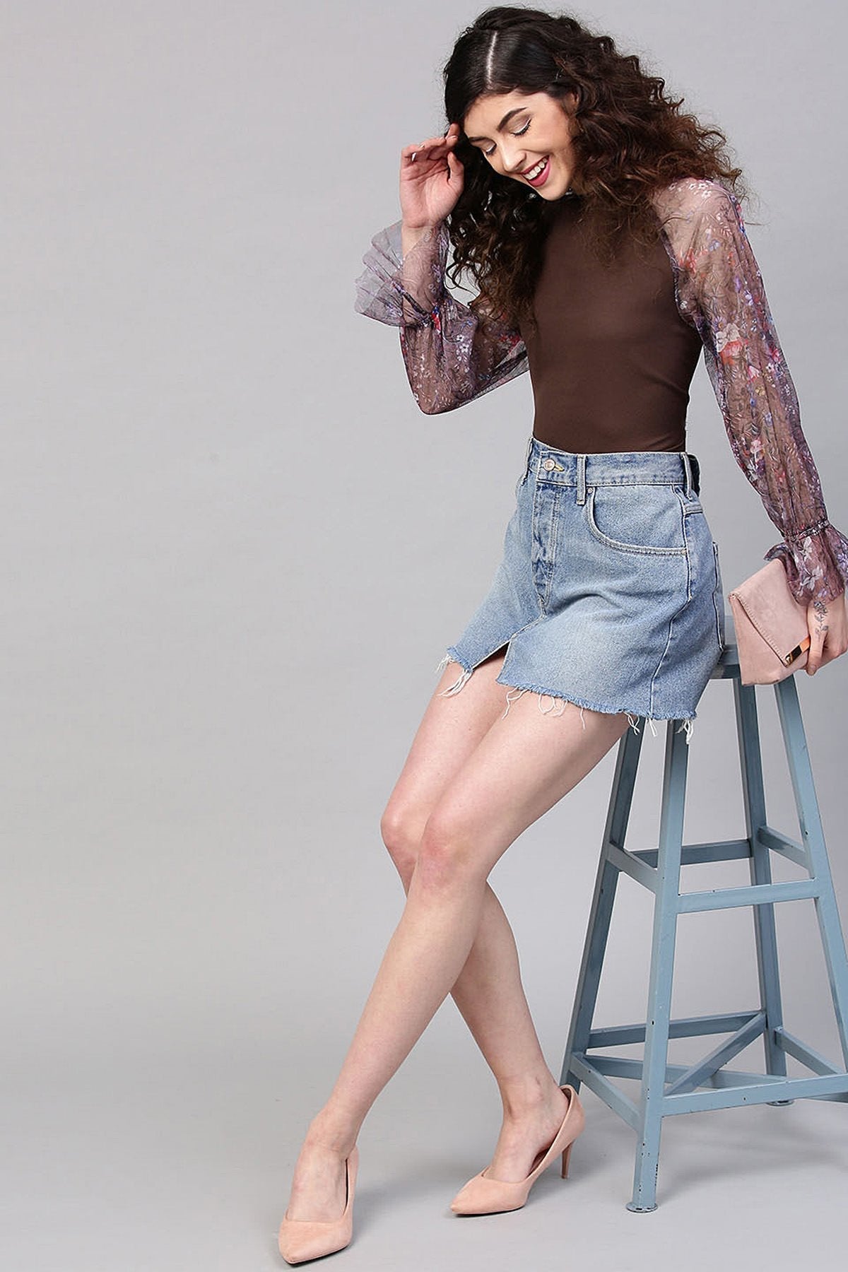 Women's Brown Mesh Floral Raglan Sleeves Blouse