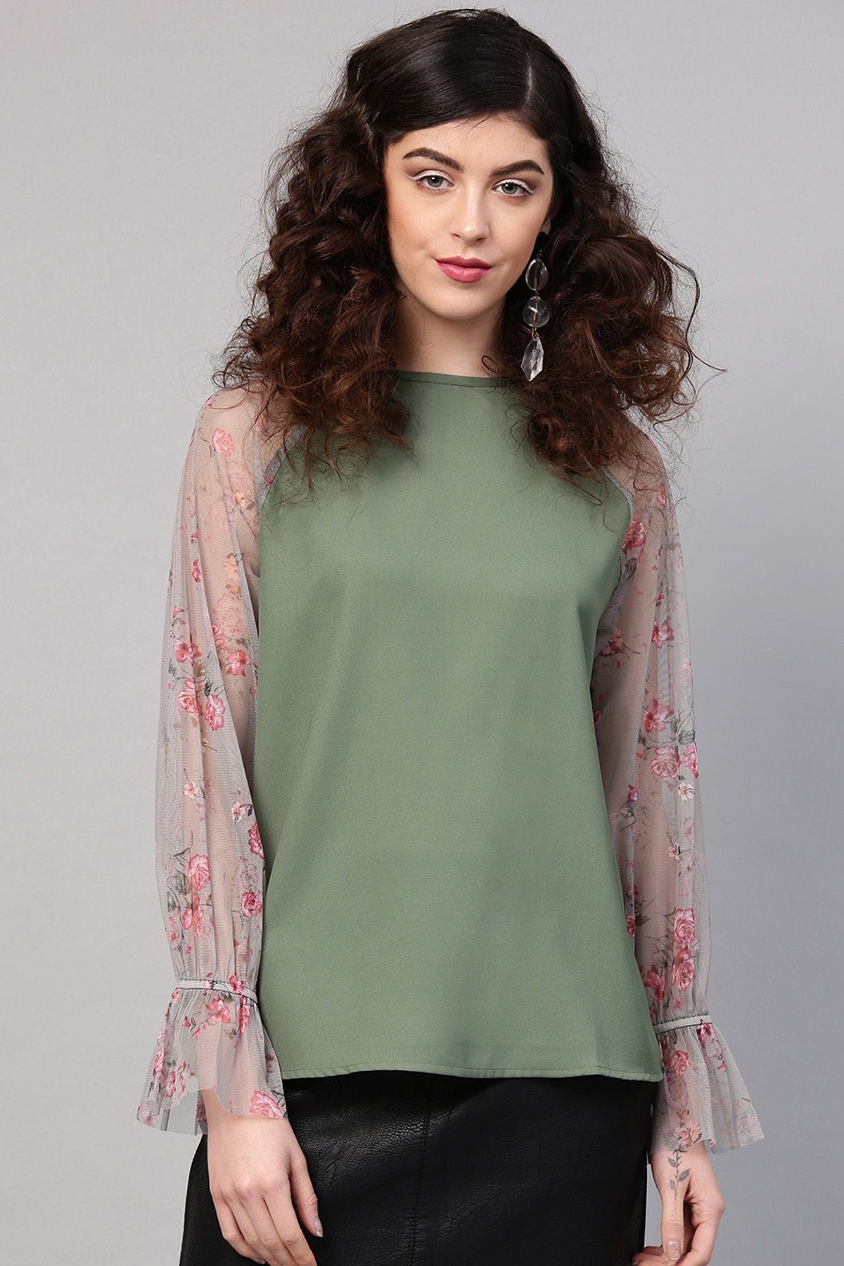 Women's Olive Mesh Floral Raglan Sleeves Blouse - SHAE