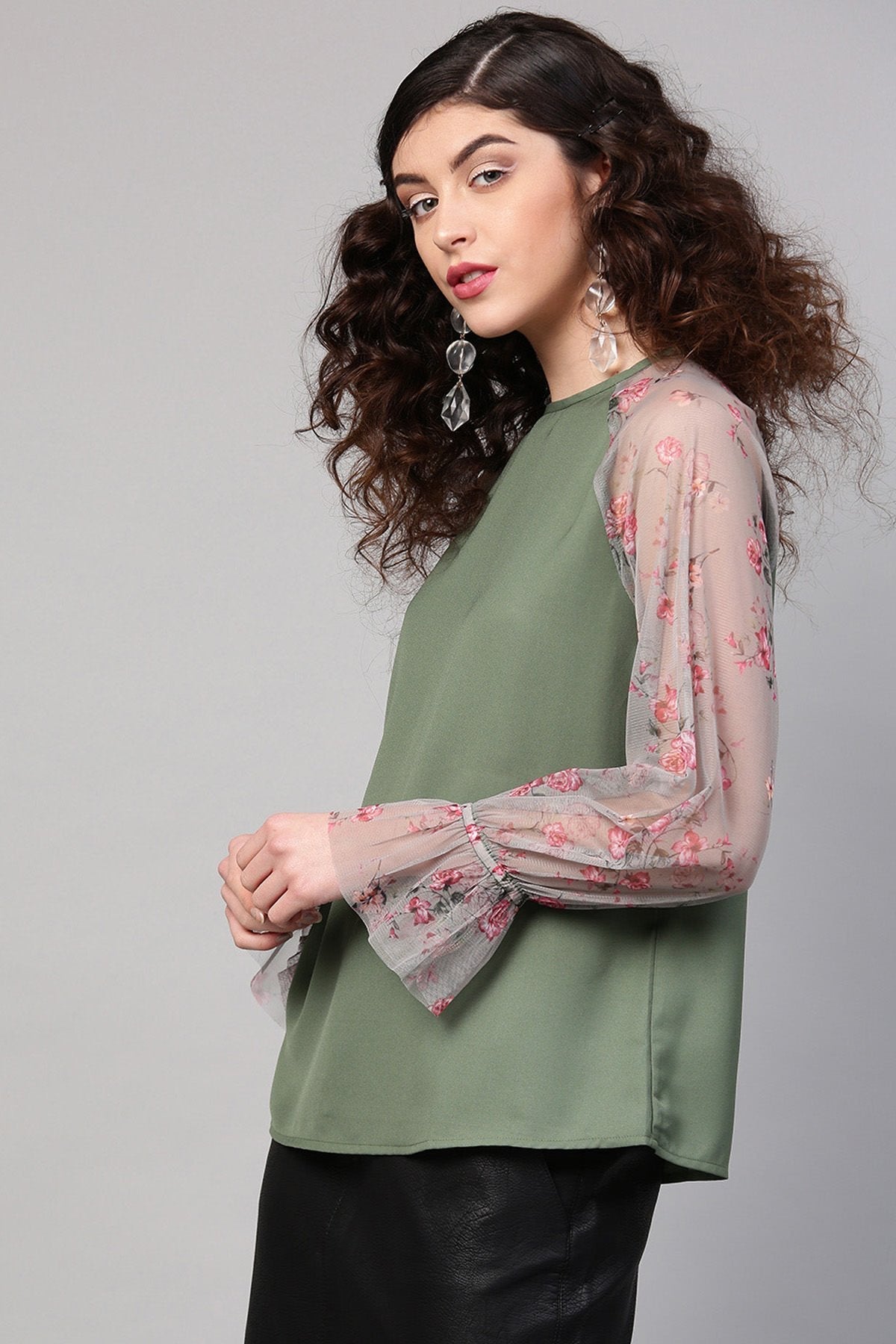 Women's Olive Mesh Floral Raglan Sleeves Blouse - SHAE