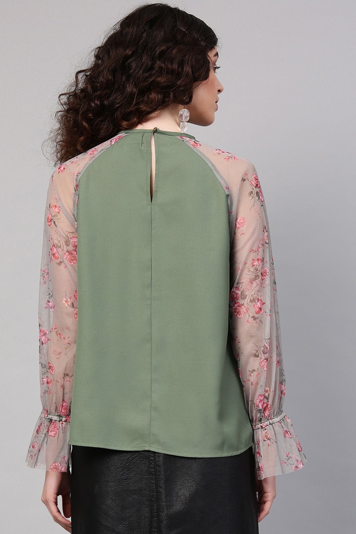 Women's Olive Mesh Floral Raglan Sleeves Blouse - SHAE