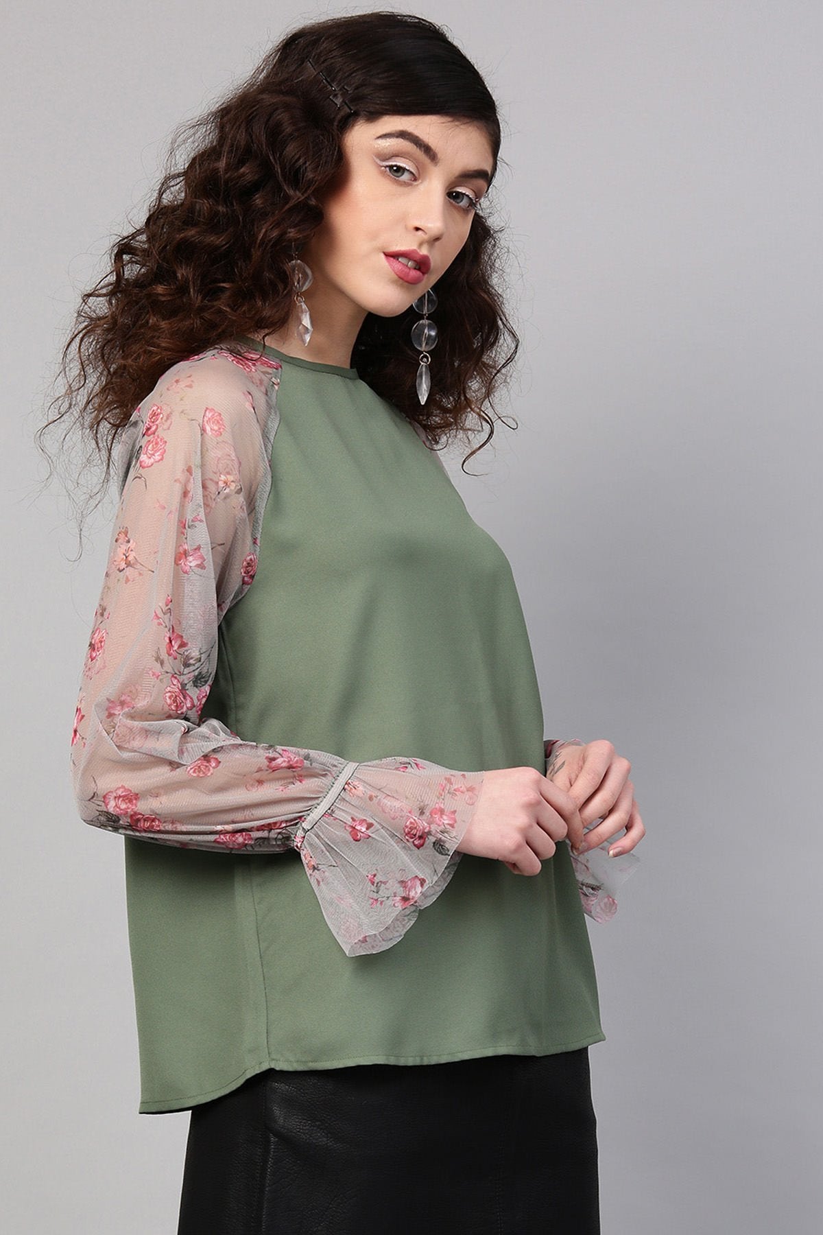 Women's Olive Mesh Floral Raglan Sleeves Blouse - SHAE
