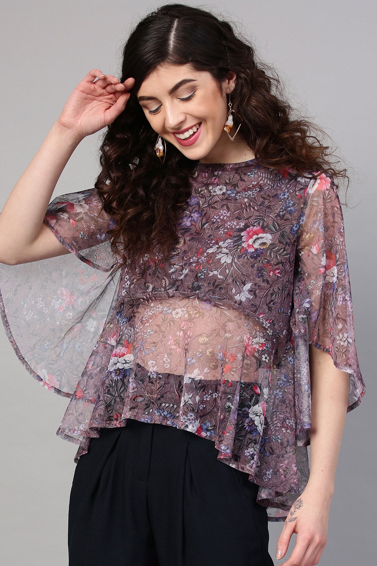 Women's Brown Mesh Floral Cape Sleeve Top - SASSAFRAS