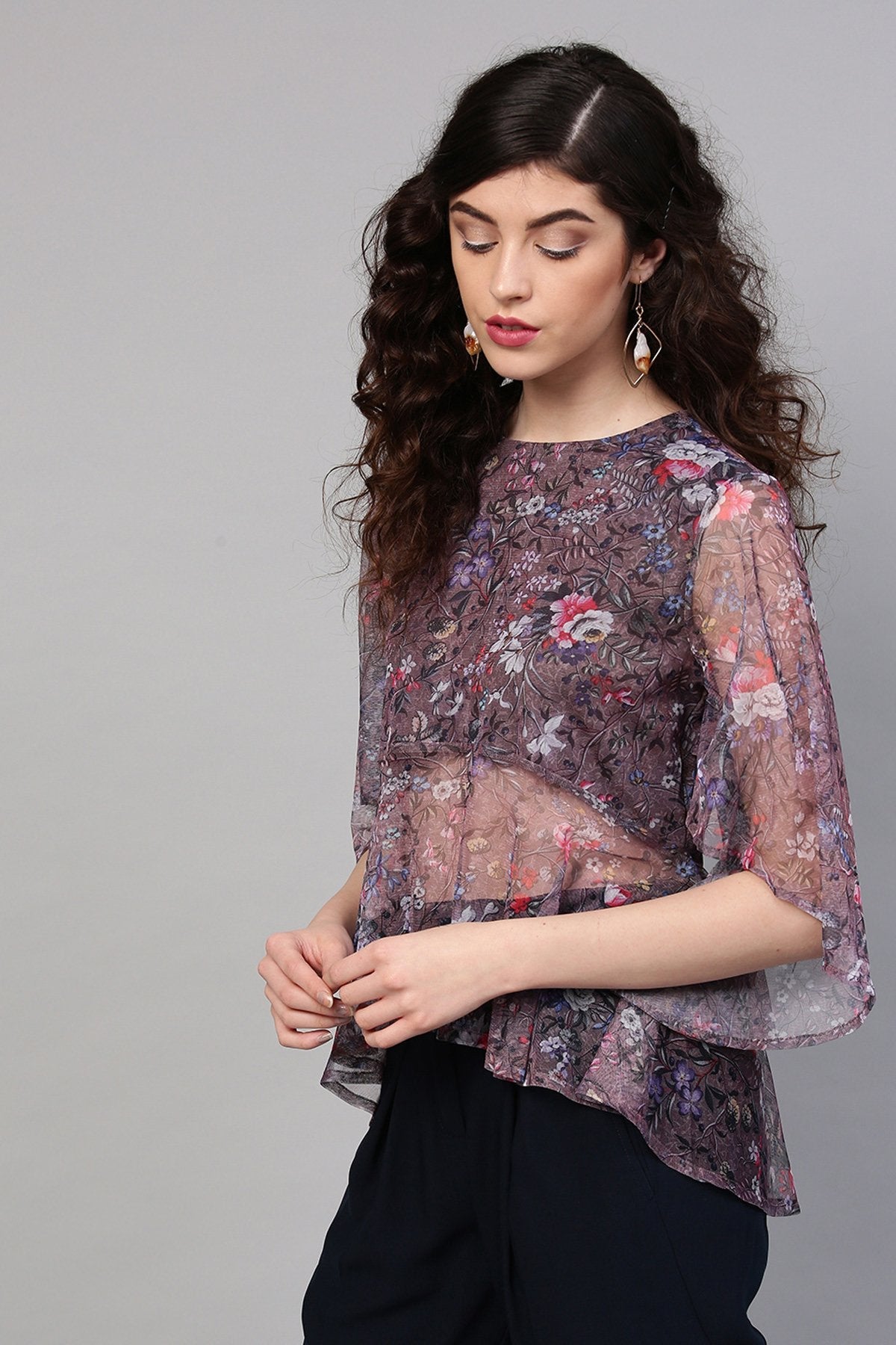 Women's Brown Mesh Floral Cape Sleeve Top - SASSAFRAS