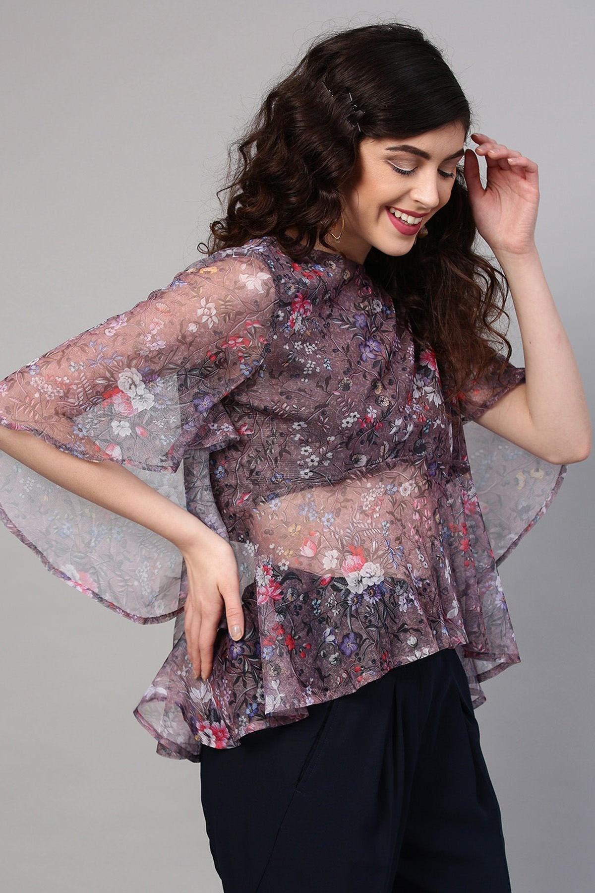 Women's Brown Mesh Floral Cape Sleeve Top - SASSAFRAS