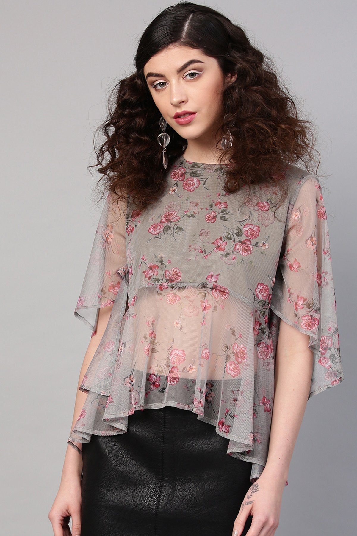 Women's Green Mesh Floral Cape Sleeve Top - SASSAFRAS