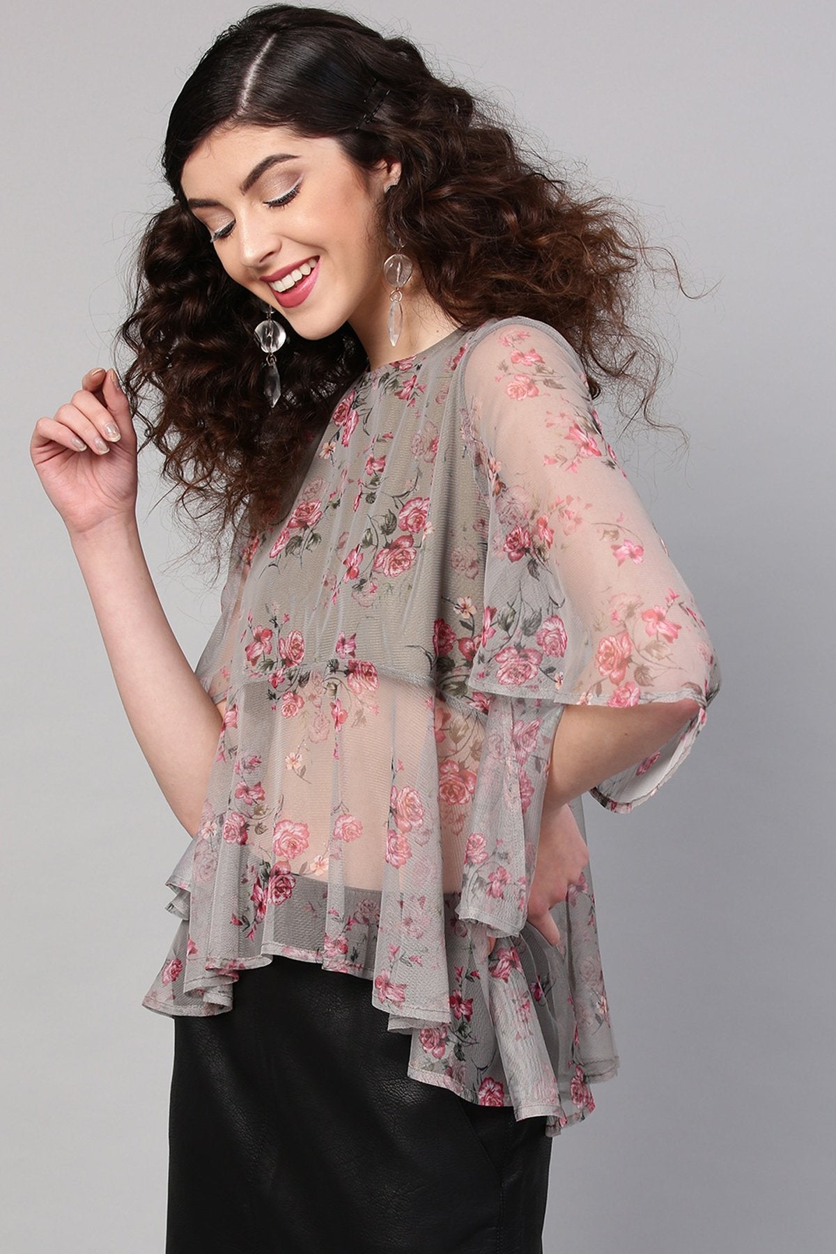 Women's Green Mesh Floral Cape Sleeve Top - SASSAFRAS