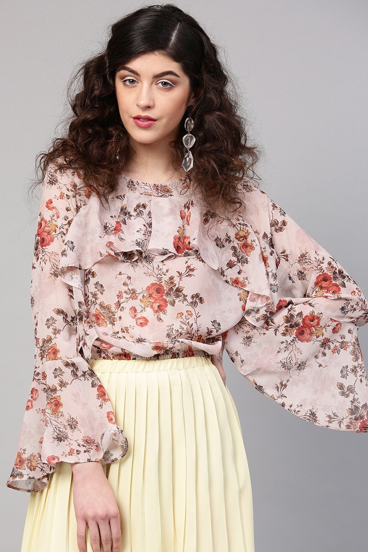 Women's Taupe Floral Front Ruffle Crop Top - SASSAFRAS