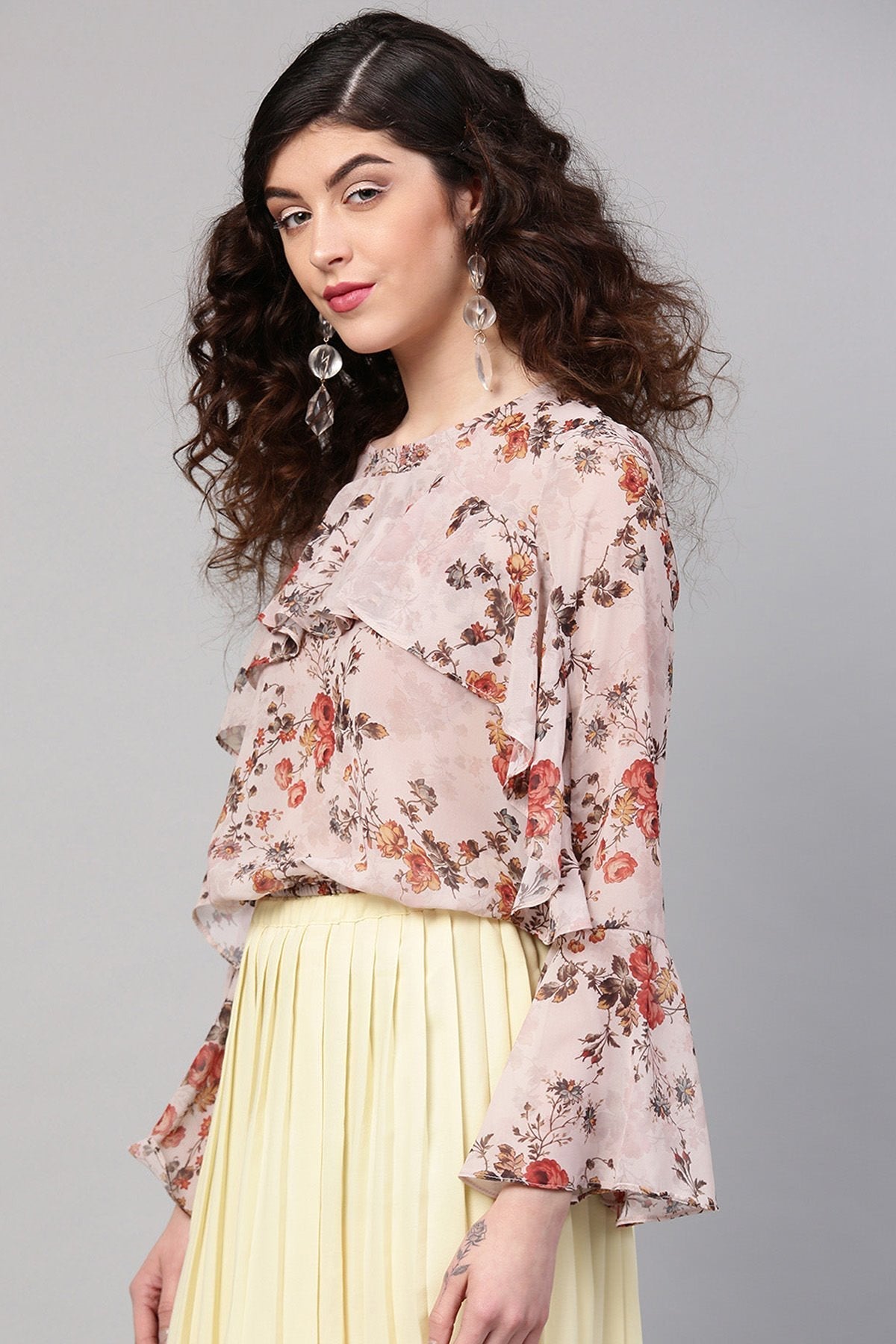 Women's Taupe Floral Front Ruffle Crop Top - SASSAFRAS