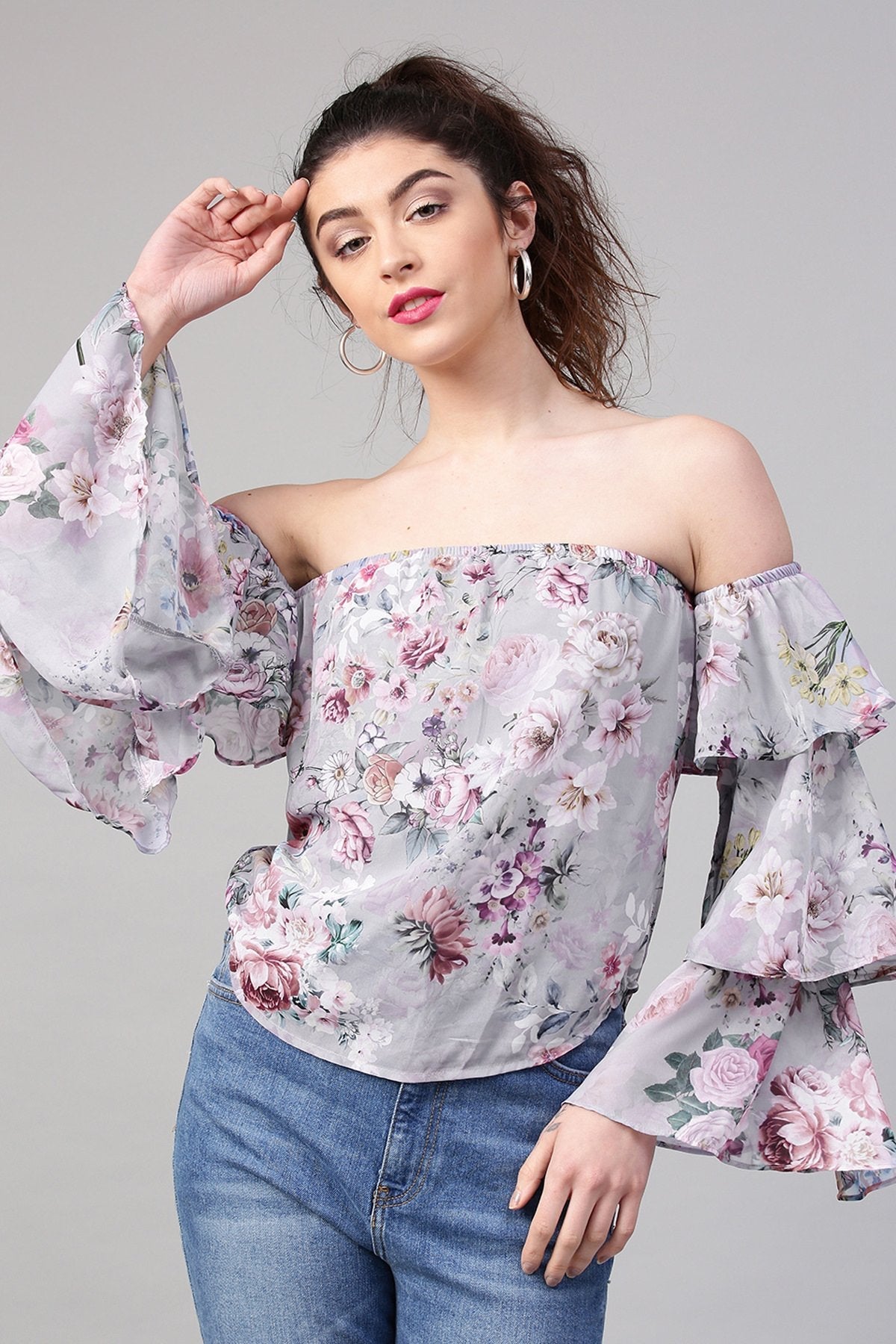 Women's Grey Floral Off Shoulder Tiered Sleeves Top - SASSAFRAS