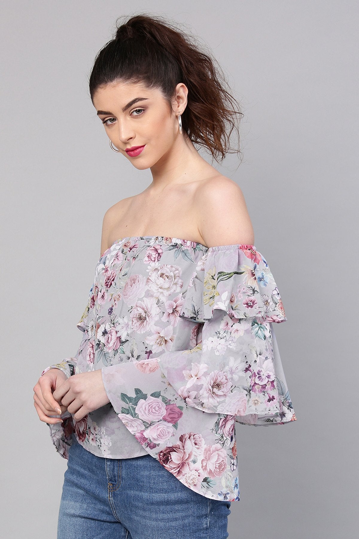 Women's Grey Floral Off Shoulder Tiered Sleeves Top - SASSAFRAS