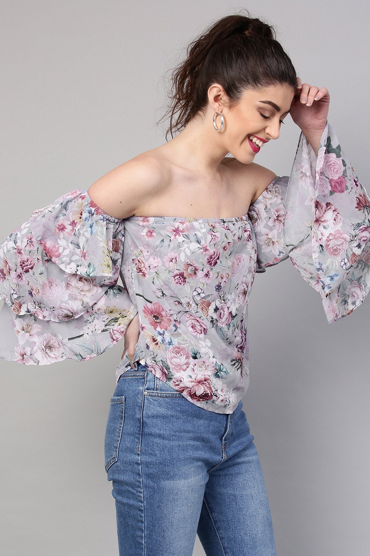 Women's Grey Floral Off Shoulder Tiered Sleeves Top - SASSAFRAS