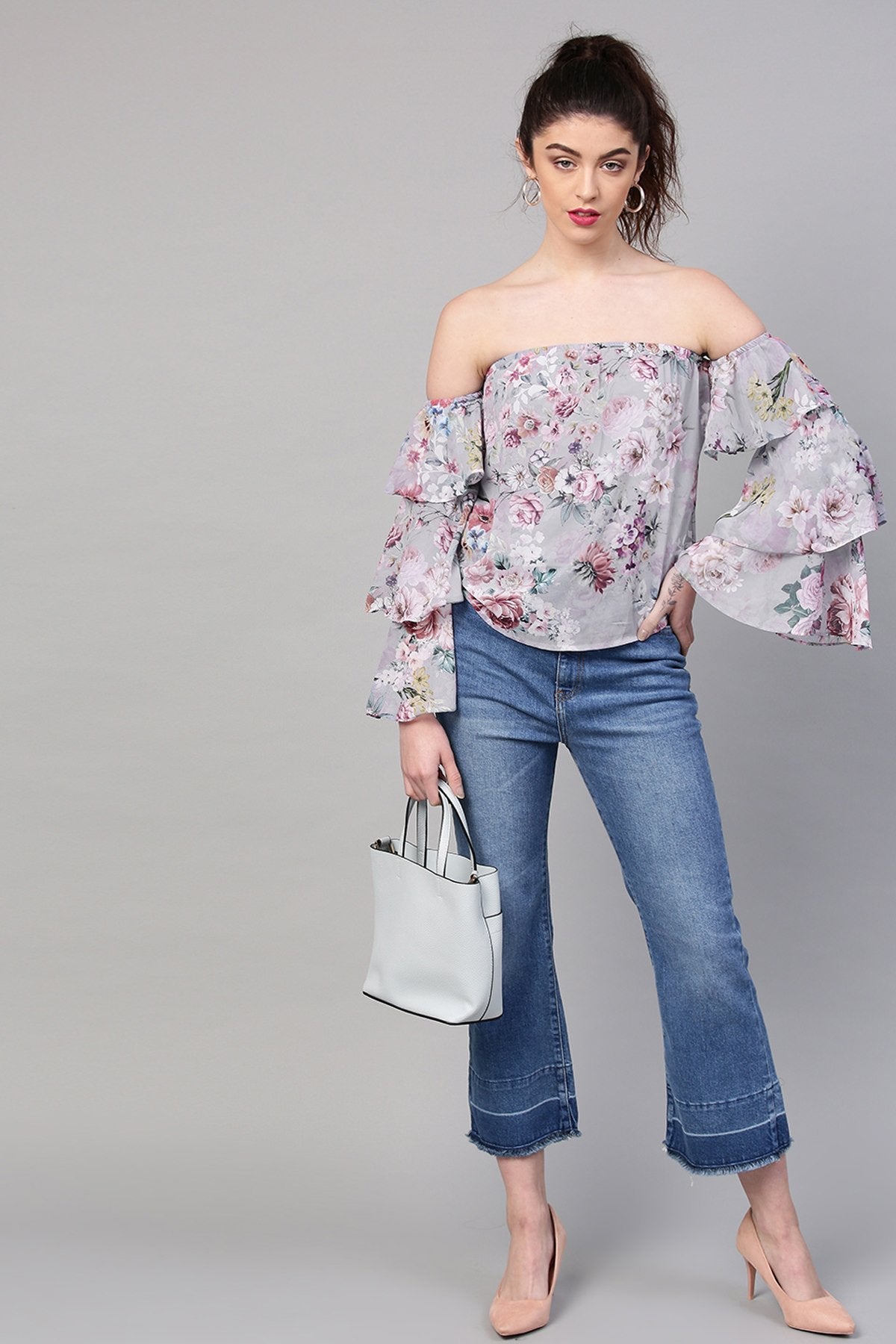 Women's Grey Floral Off Shoulder Tiered Sleeves Top - SASSAFRAS