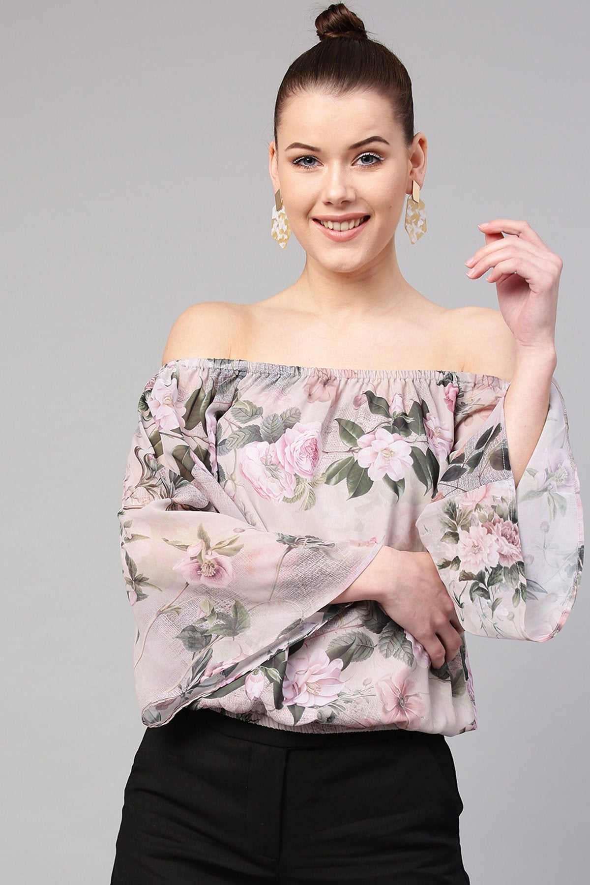 Women's Pista Green Floral Off Shoulder Top - SASSAFRAS