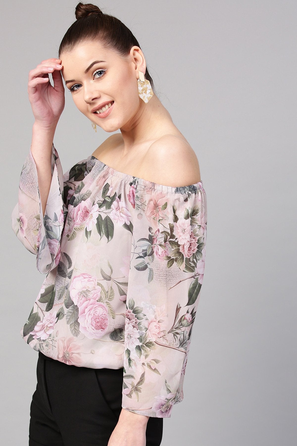 Women's Pista Green Floral Off Shoulder Top - SASSAFRAS