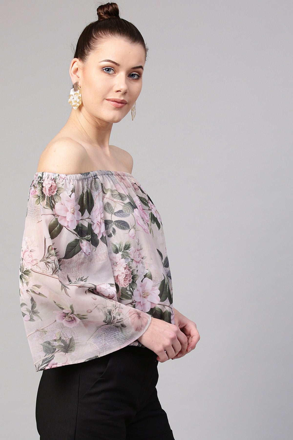 Women's Pista Green Floral Off Shoulder Top - SASSAFRAS