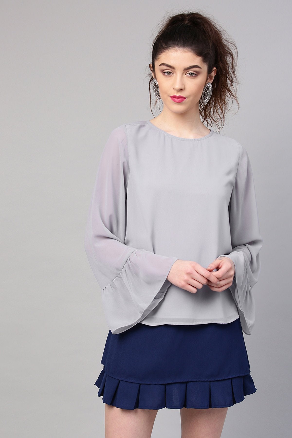 Women's Grey Frill Sleeves Hem Top - SASSAFRAS