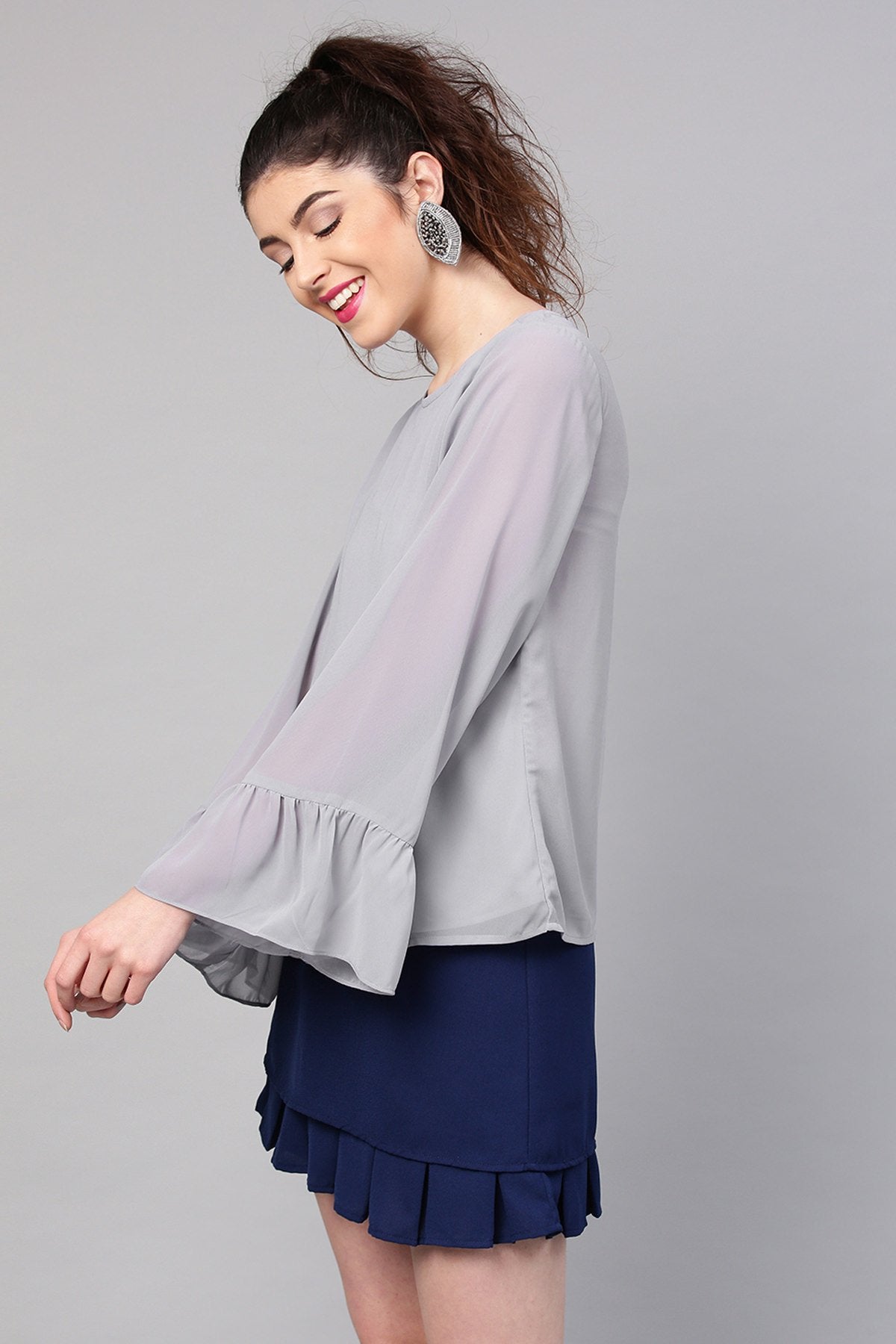 Women's Grey Frill Sleeves Hem Top - SASSAFRAS