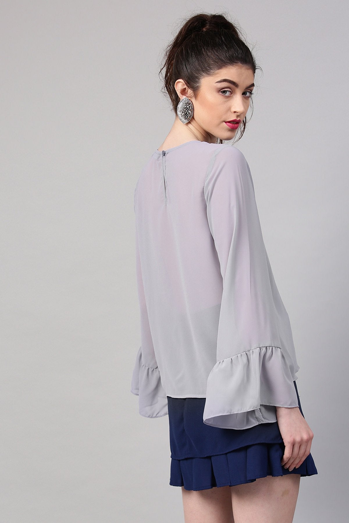 Women's Grey Frill Sleeves Hem Top - SASSAFRAS