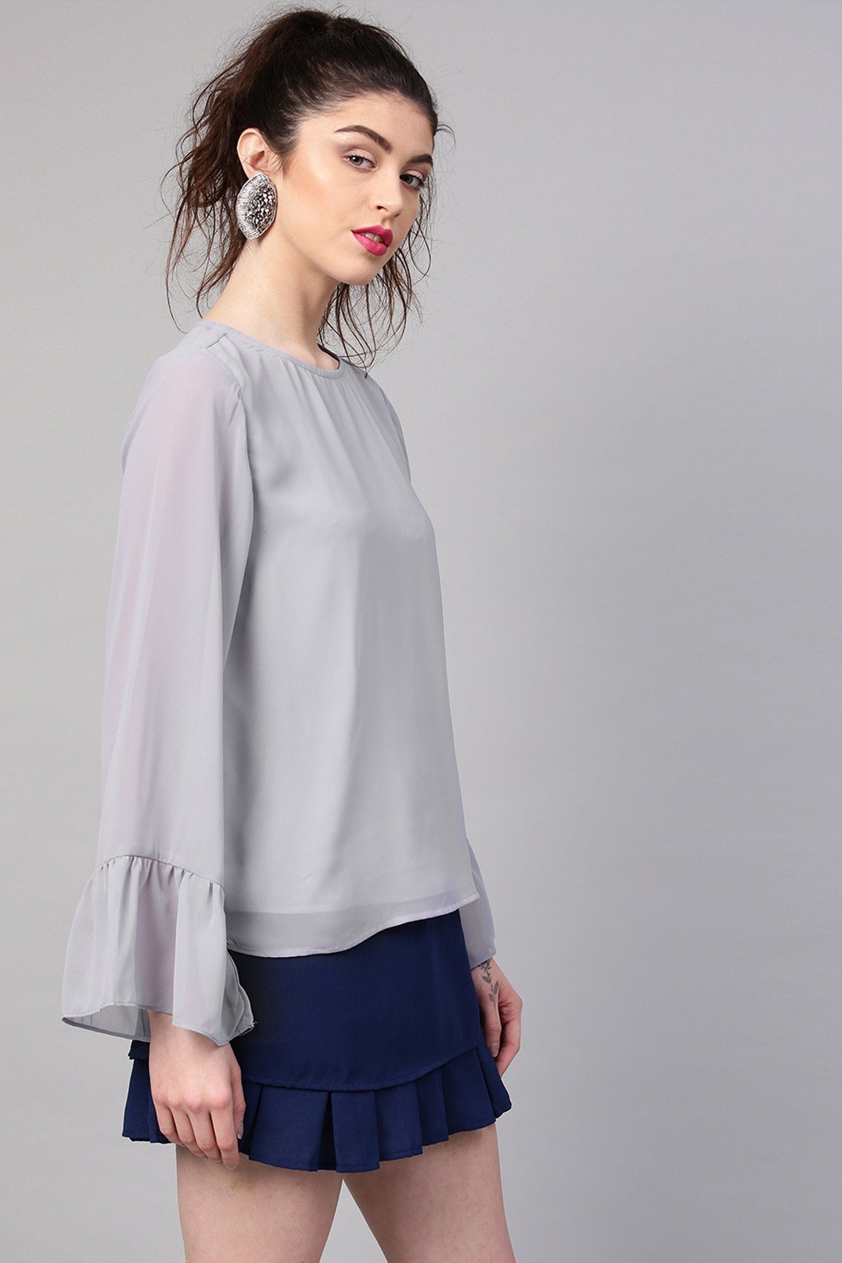 Women's Grey Frill Sleeves Hem Top - SASSAFRAS