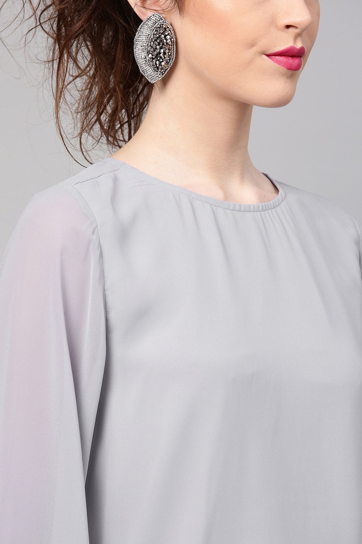 Women's Grey Frill Sleeves Hem Top - SASSAFRAS