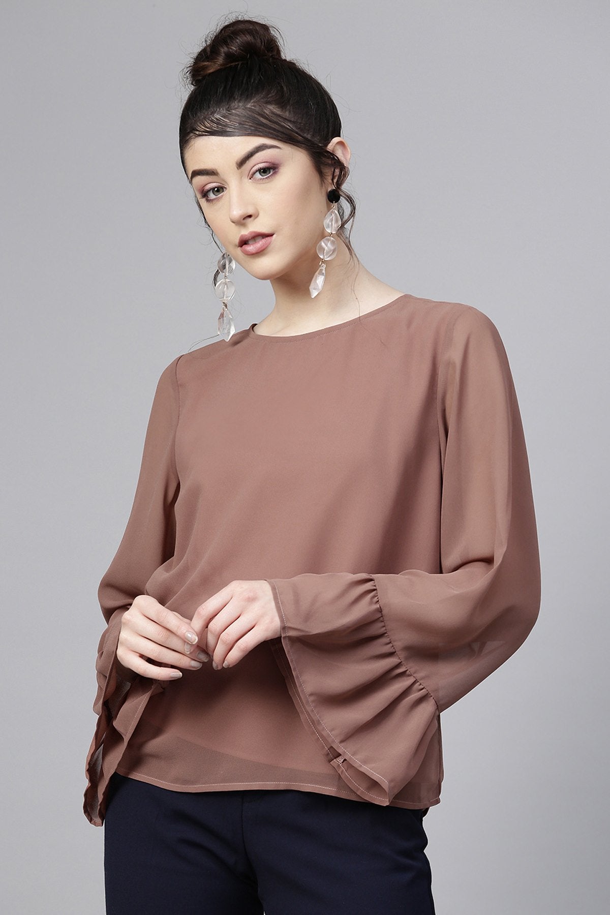 Women's Rosewood Frill Sleeves Hem Top - SASSAFRAS