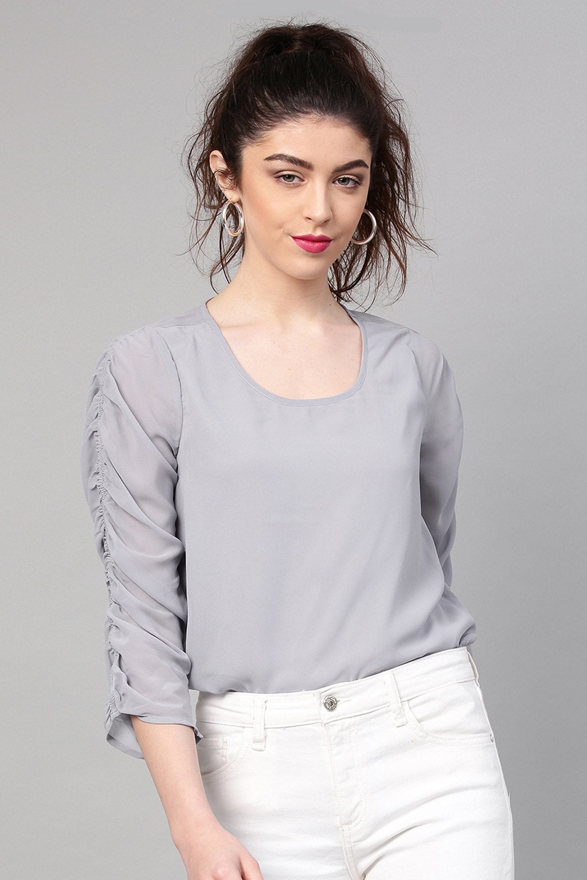 Women's Grey Ruched Sleeves Crop Top - SASSAFRAS