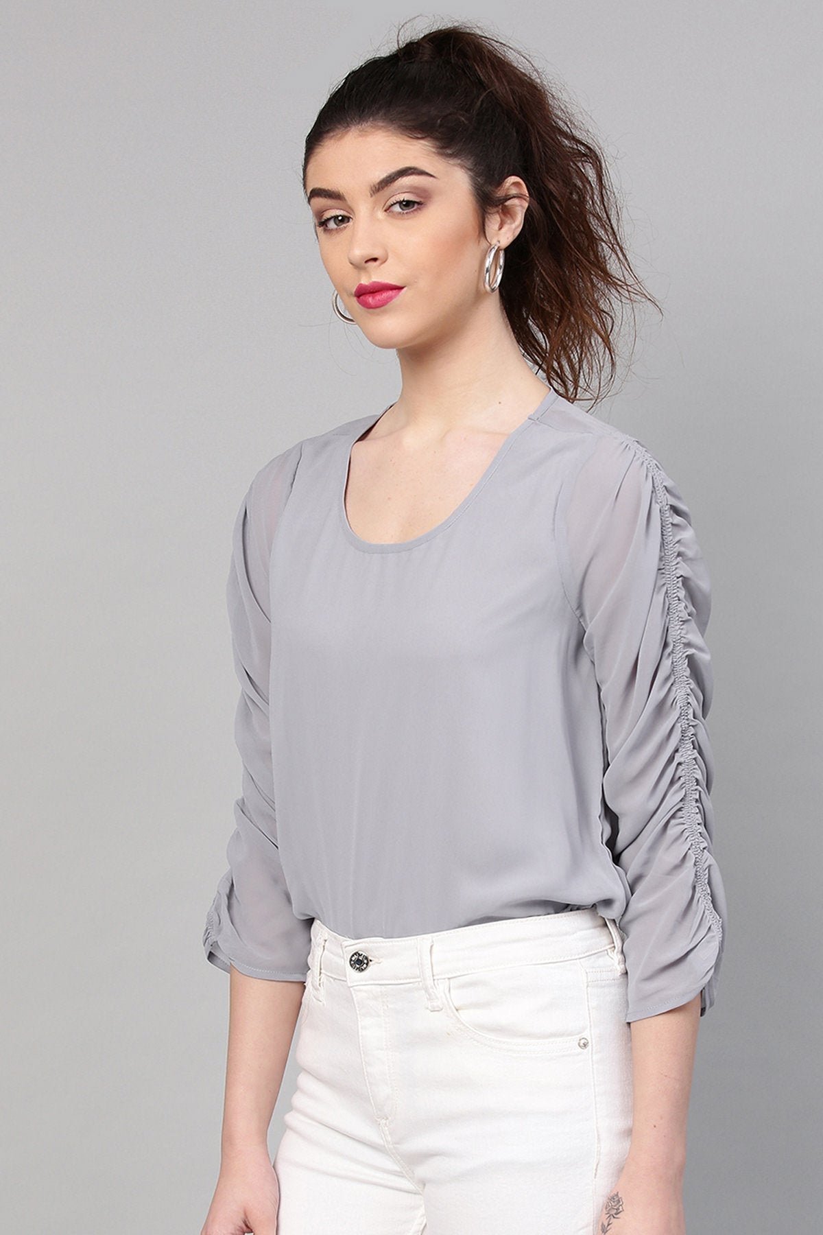 Women's Grey Ruched Sleeves Crop Top - SASSAFRAS