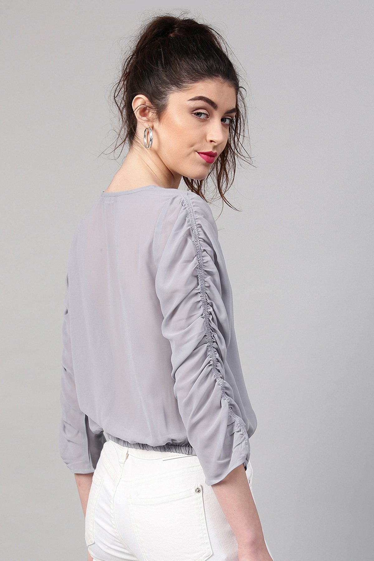 Women's Grey Ruched Sleeves Crop Top - SASSAFRAS