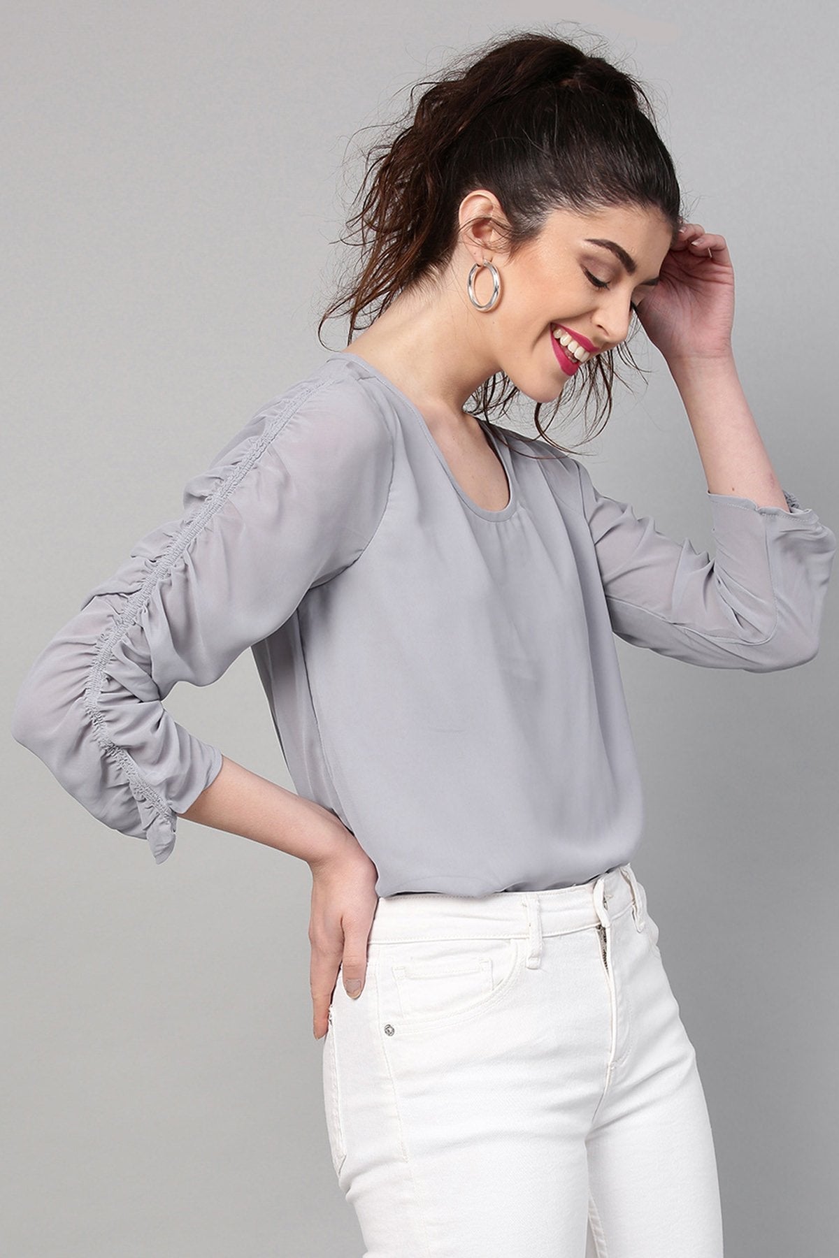 Women's Grey Ruched Sleeves Crop Top - SASSAFRAS