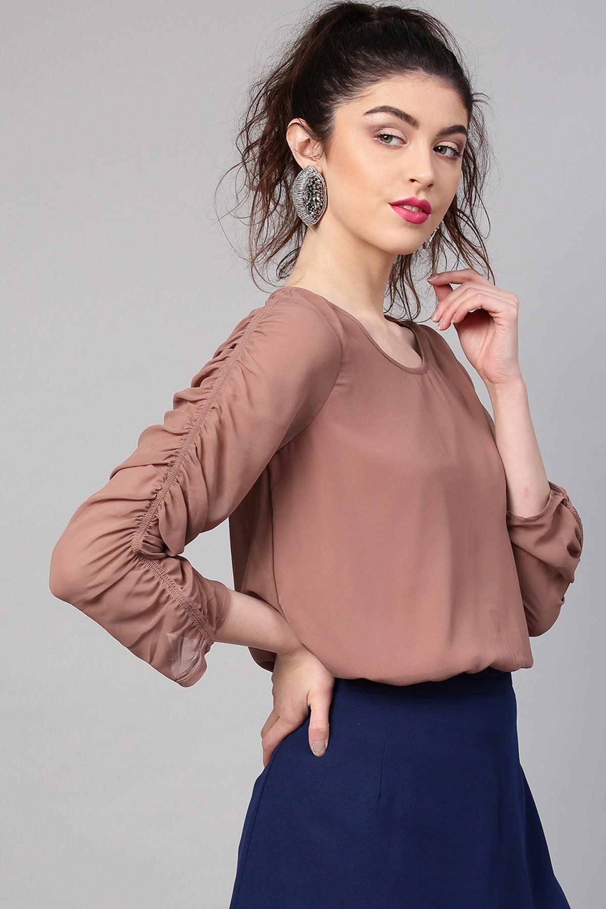 Women's Rosewood Ruched Sleeves Crop Top - SASSAFRAS