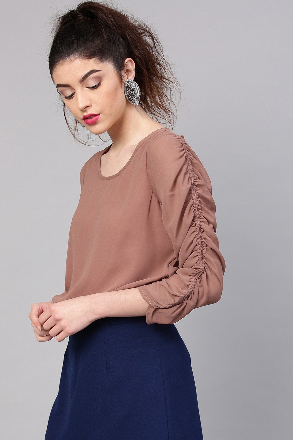 Women's Rosewood Ruched Sleeves Crop Top - SASSAFRAS