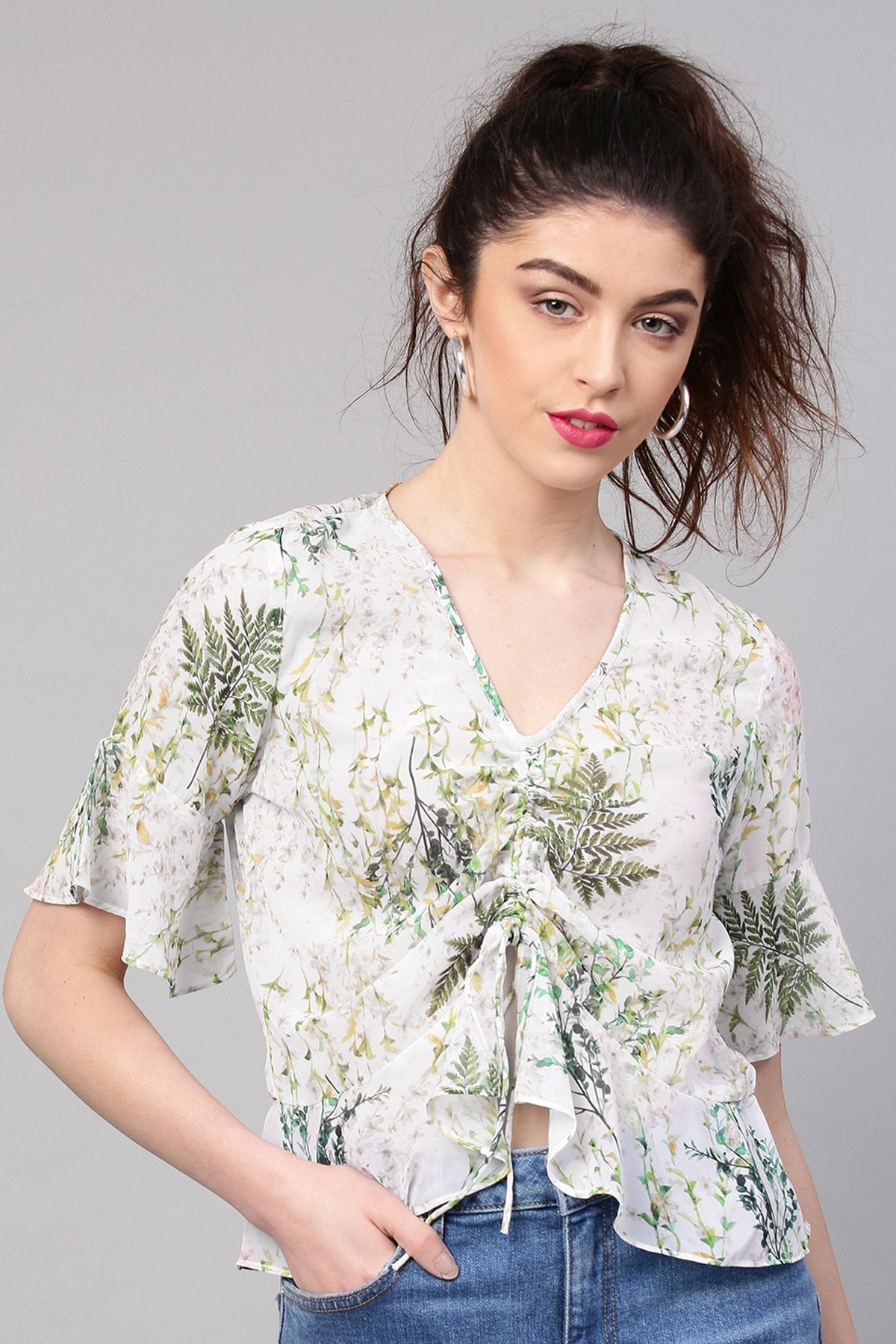 Women's Off-White Floral Ruched Front Crop Top - SASSAFRAS