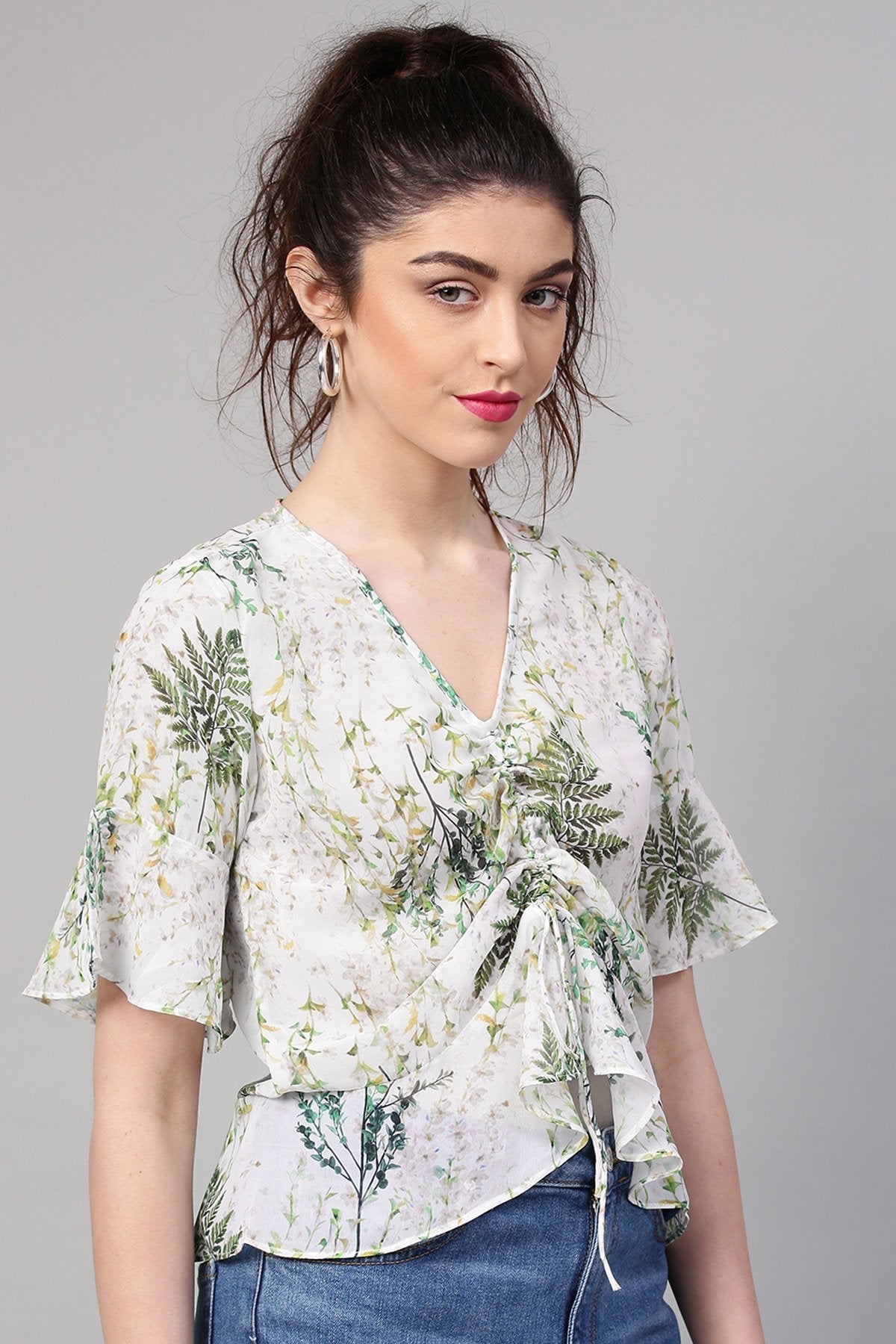 Women's Off-White Floral Ruched Front Crop Top - SASSAFRAS