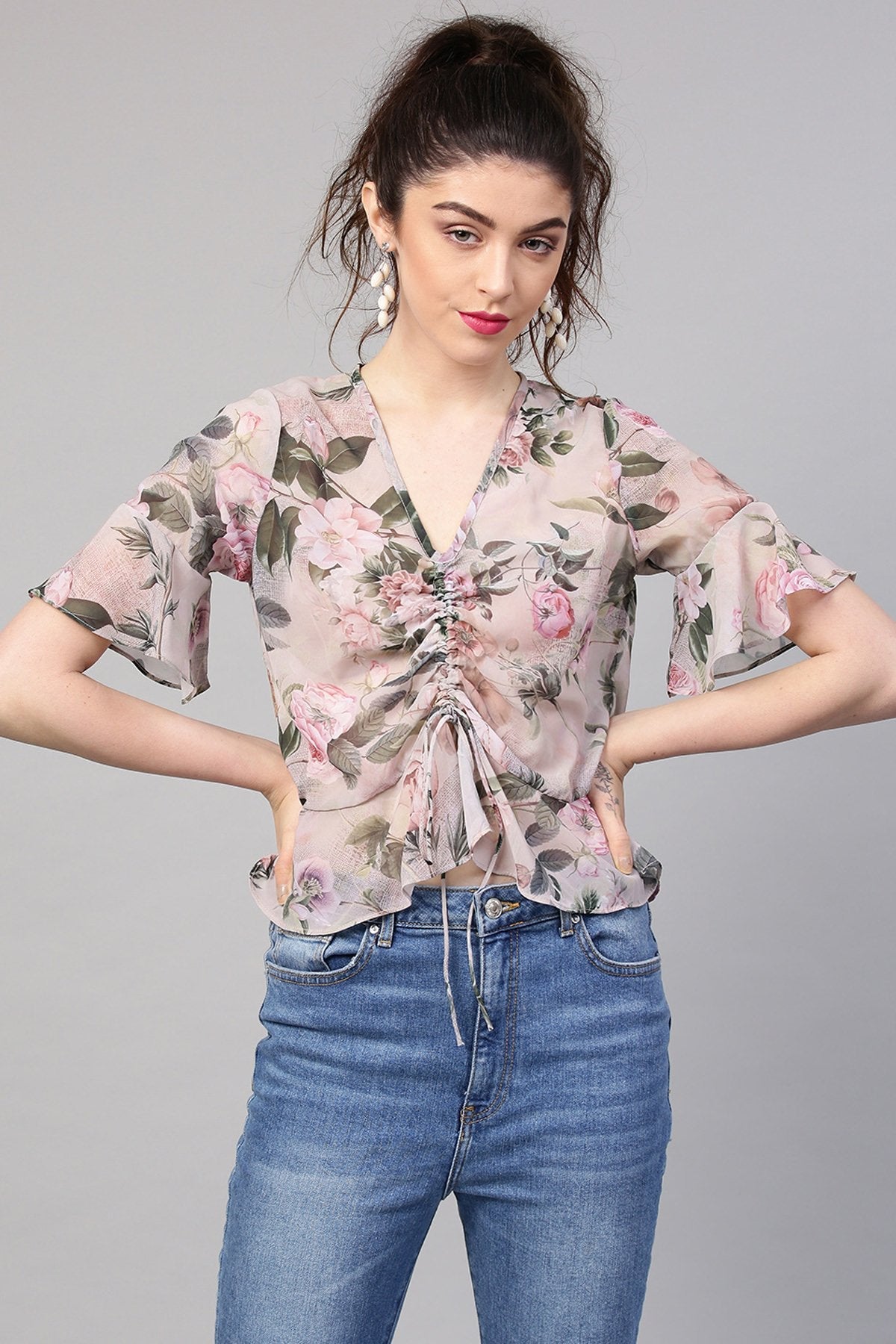 Women's Pista Green Floral Ruched Front Crop Top - SASSAFRAS