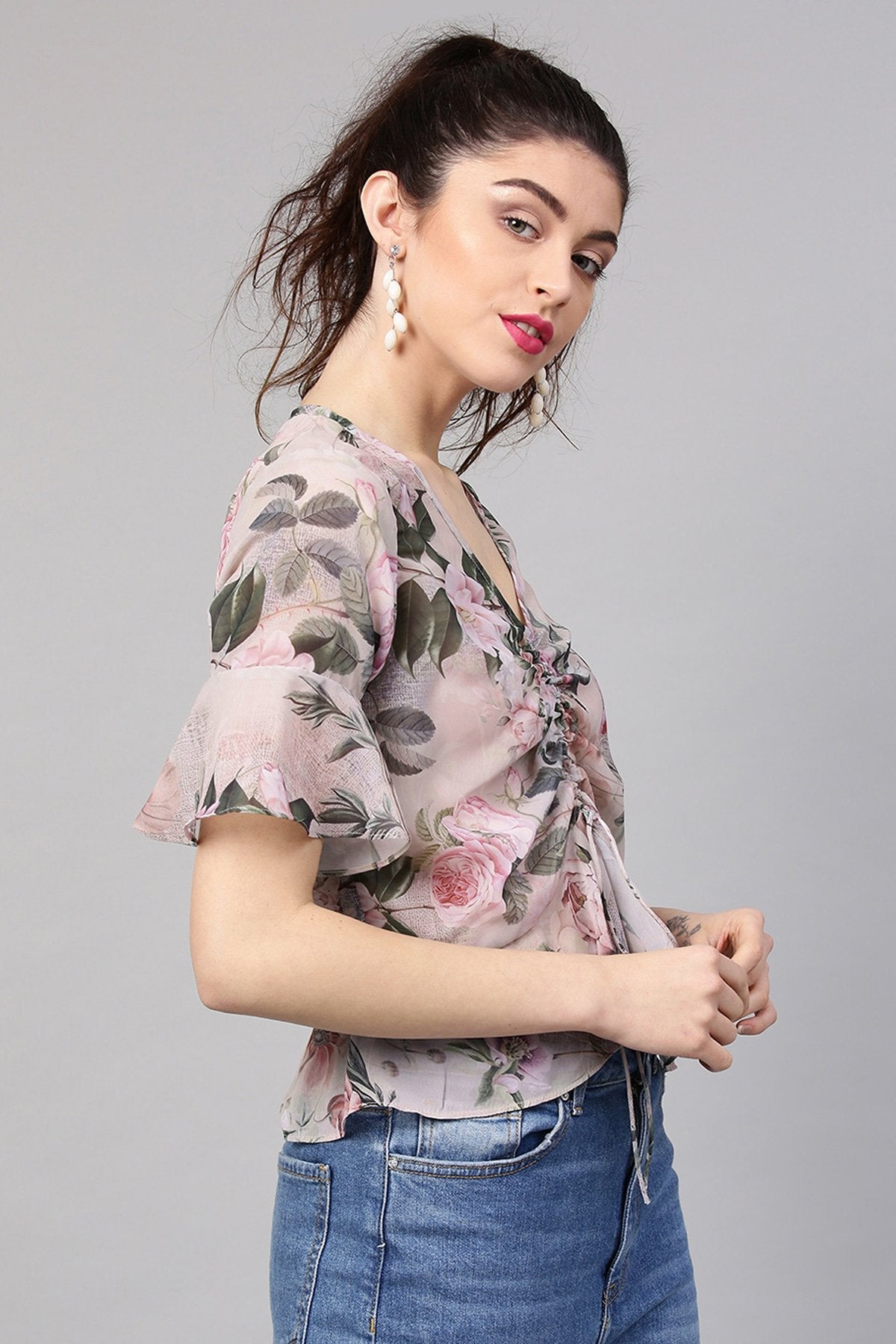 Women's Pista Green Floral Ruched Front Crop Top - SASSAFRAS