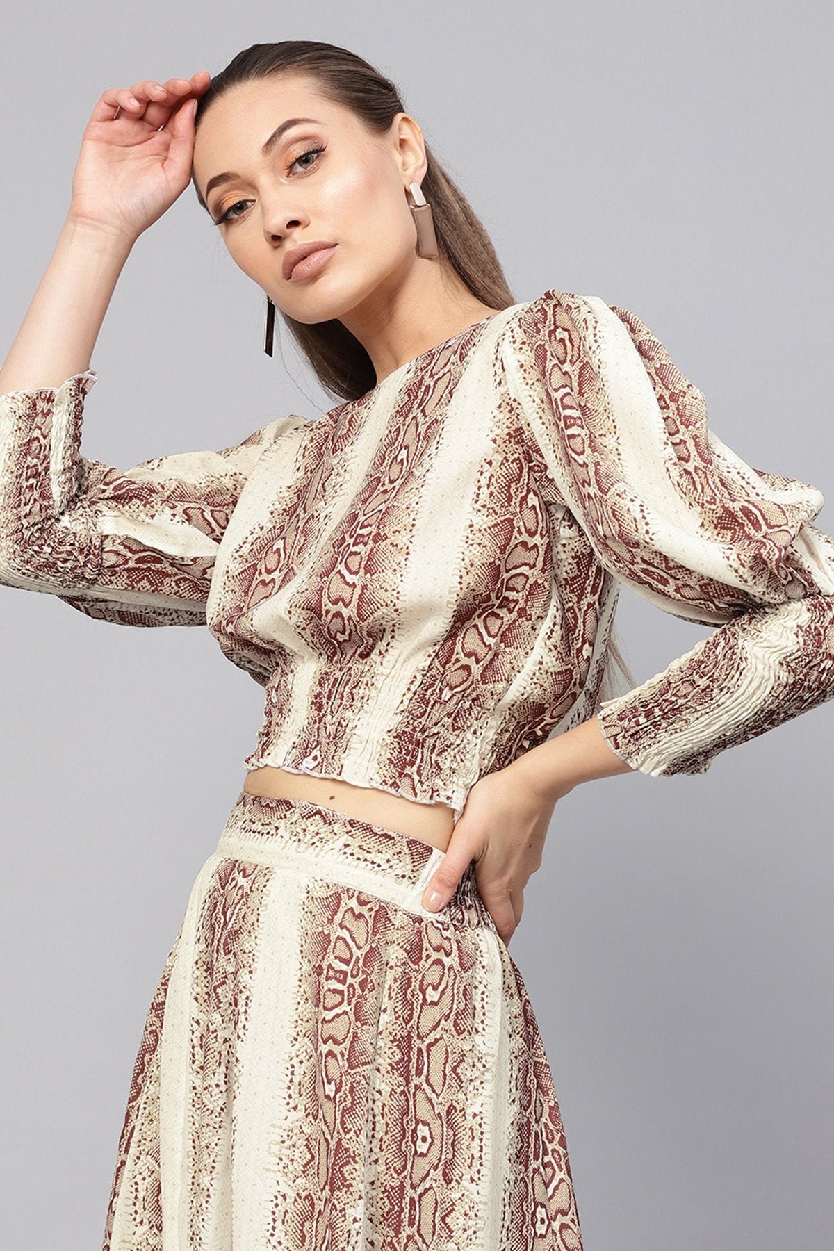 Women's Brown Snake Smocked Crop Top - SASSAFRAS