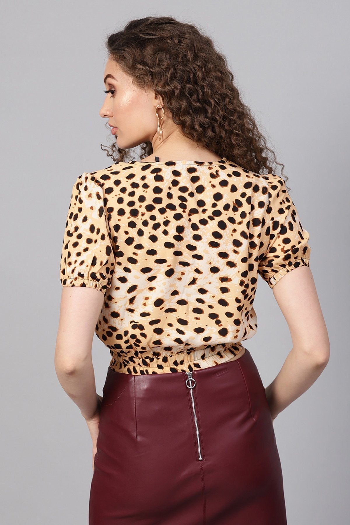 Women's Beige Leopard Wrap Crop Top - SASSAFRAS