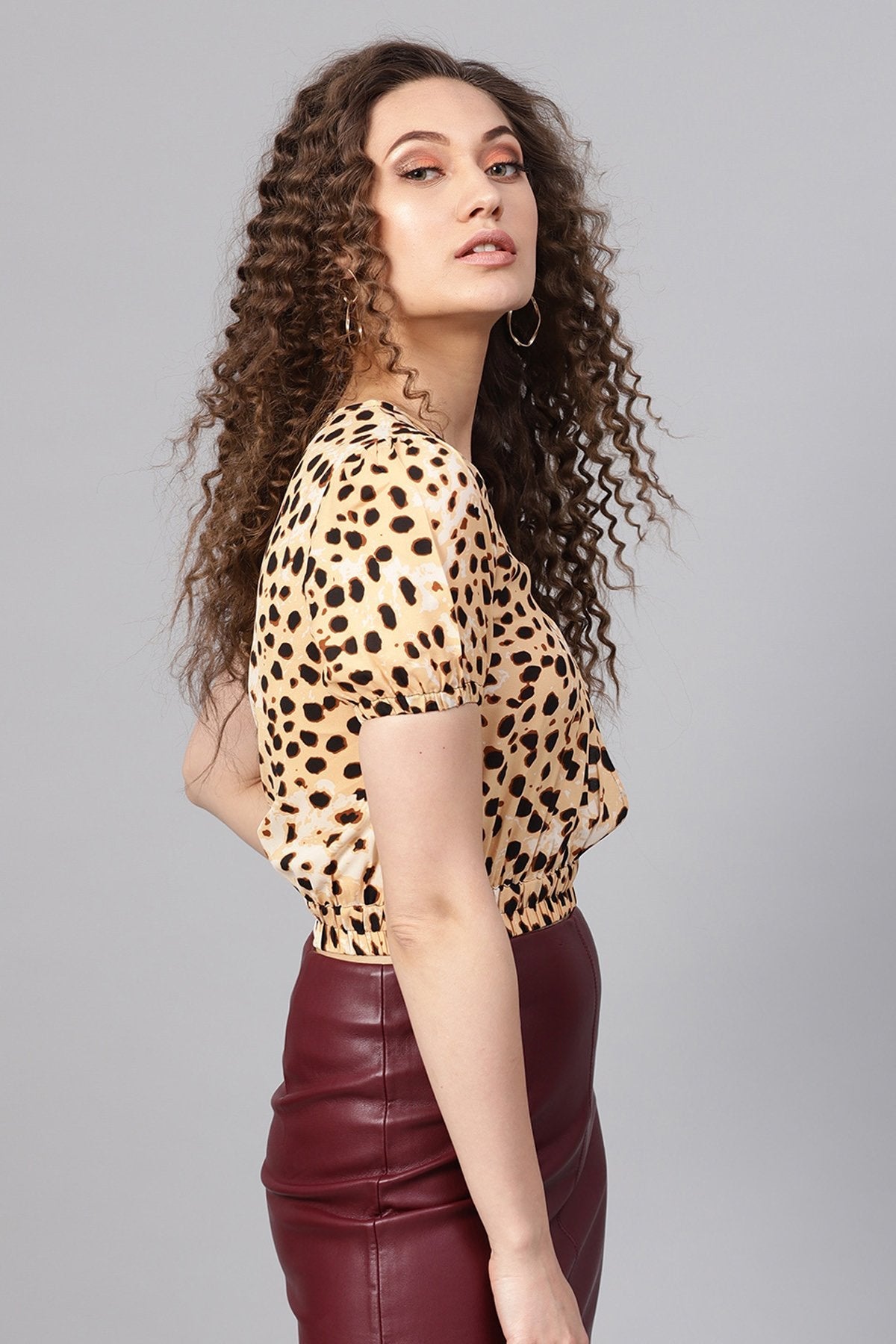 Women's Beige Leopard Wrap Crop Top - SASSAFRAS