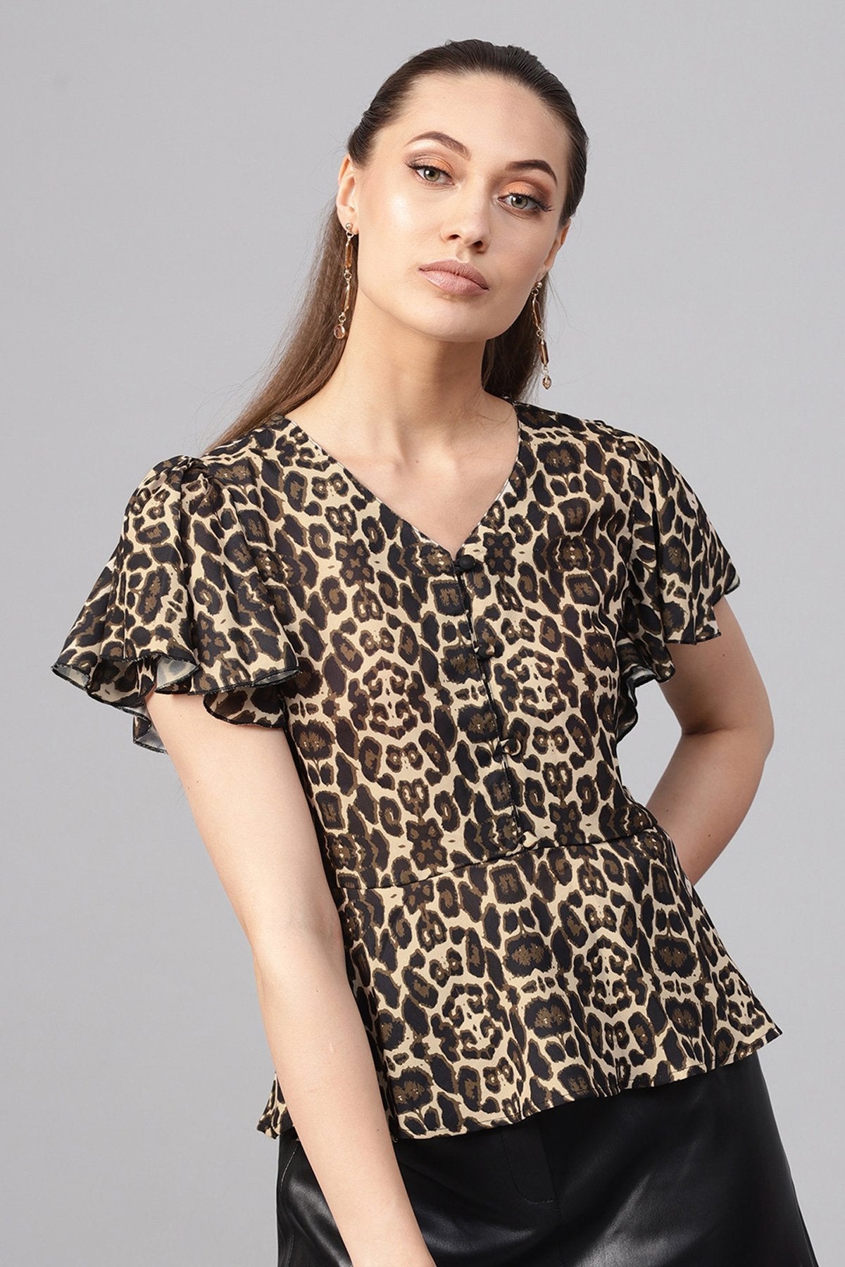 Women's Black Cheetah Peplum Top - SASSAFRAS