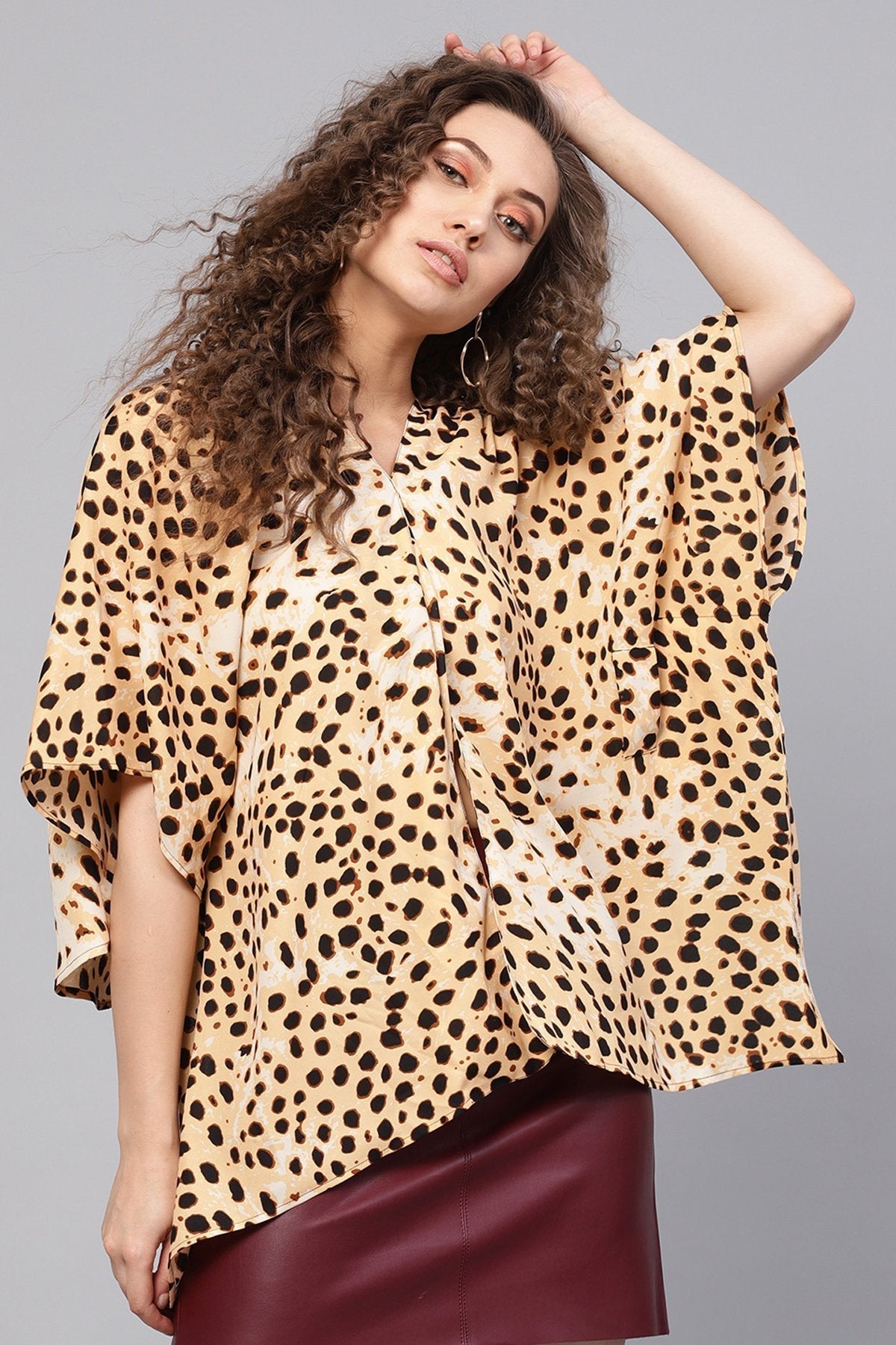 Women's Beige Leopard Boxy Wrap Top - SASSAFRAS