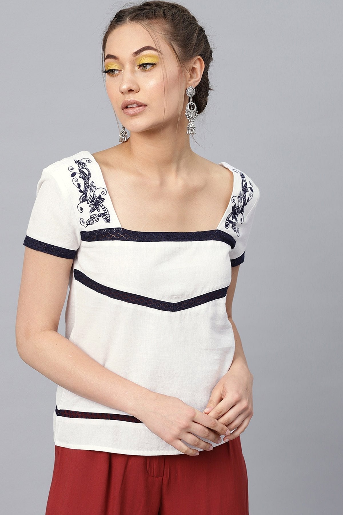 Women's White Neck Yoke Embroidered Top - SASSAFRAS