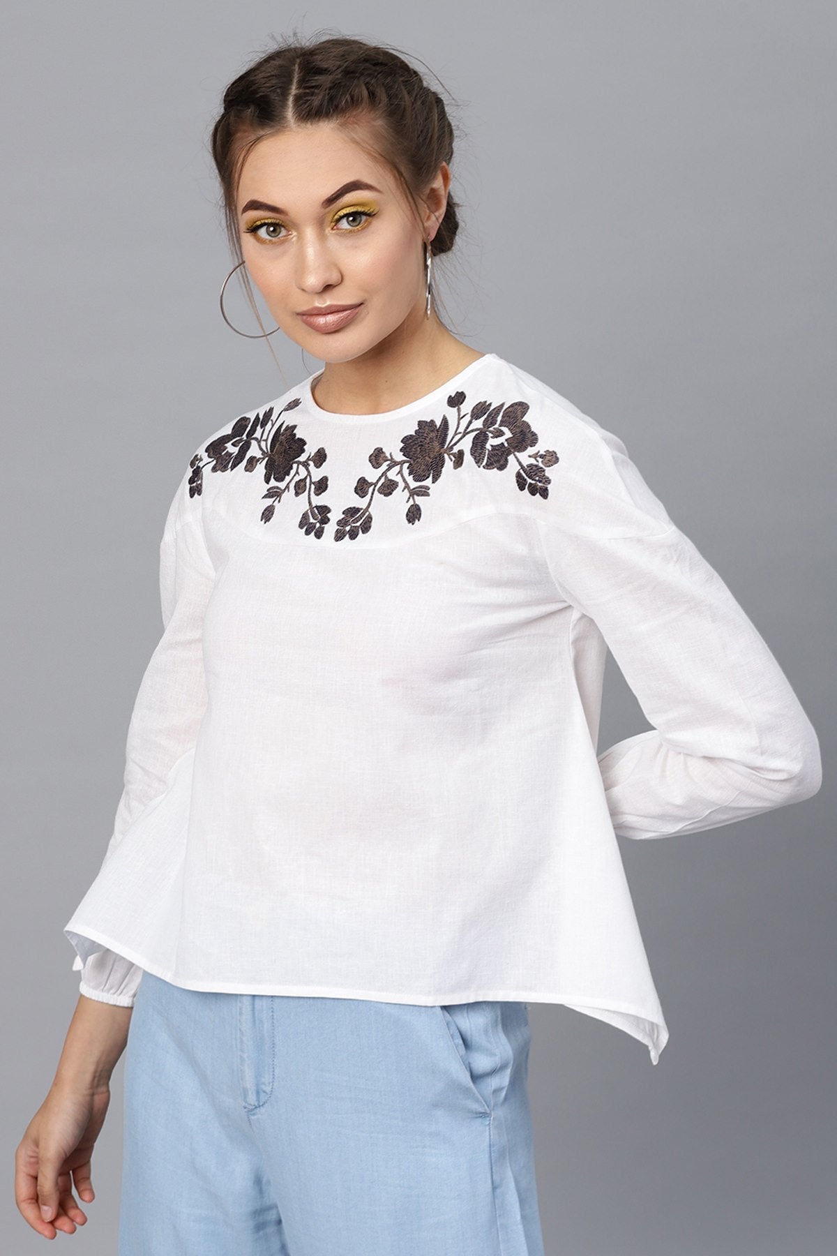 Women's White Neck Embroidered Top - SASSAFRAS