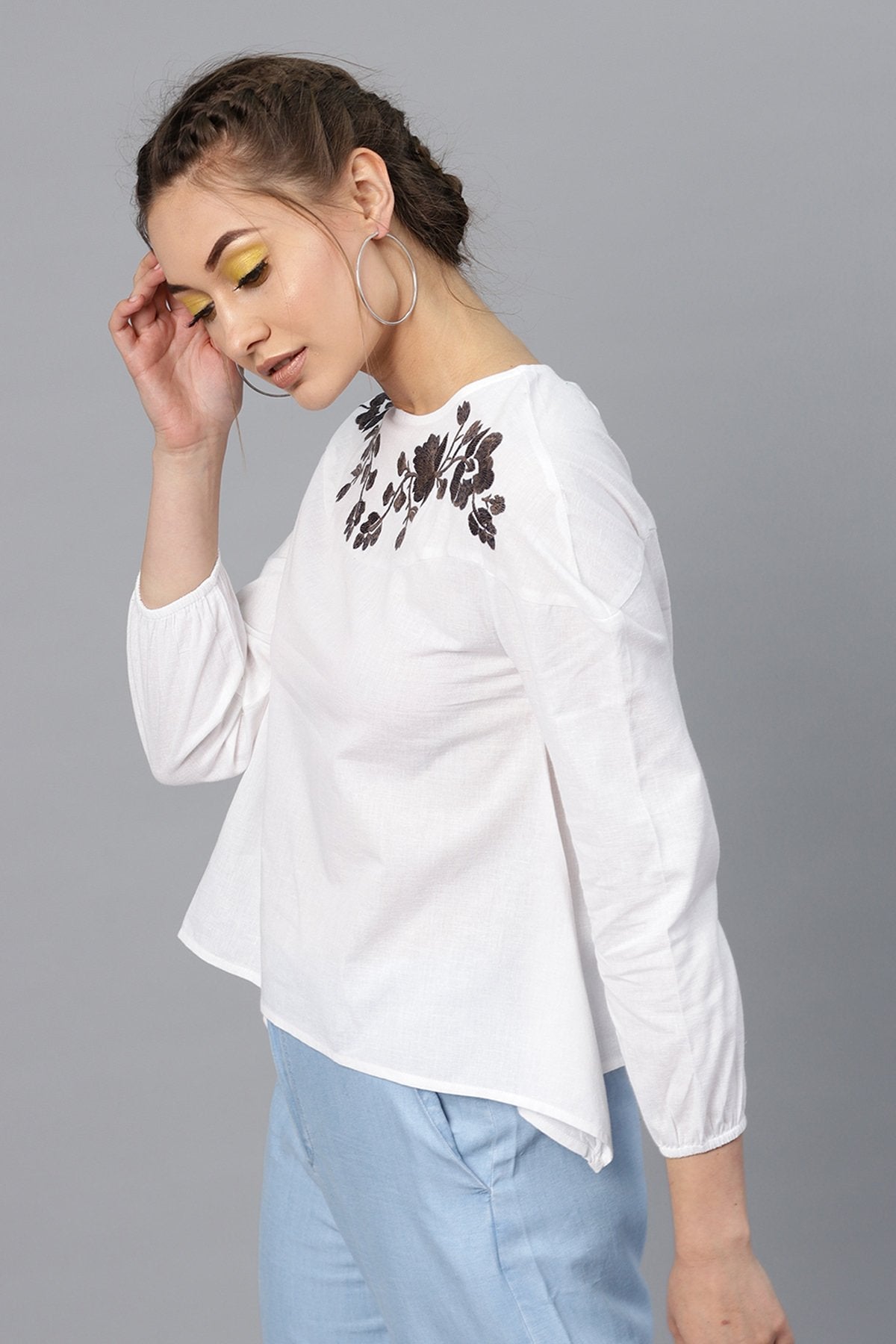 Women's White Neck Embroidered Top - SASSAFRAS