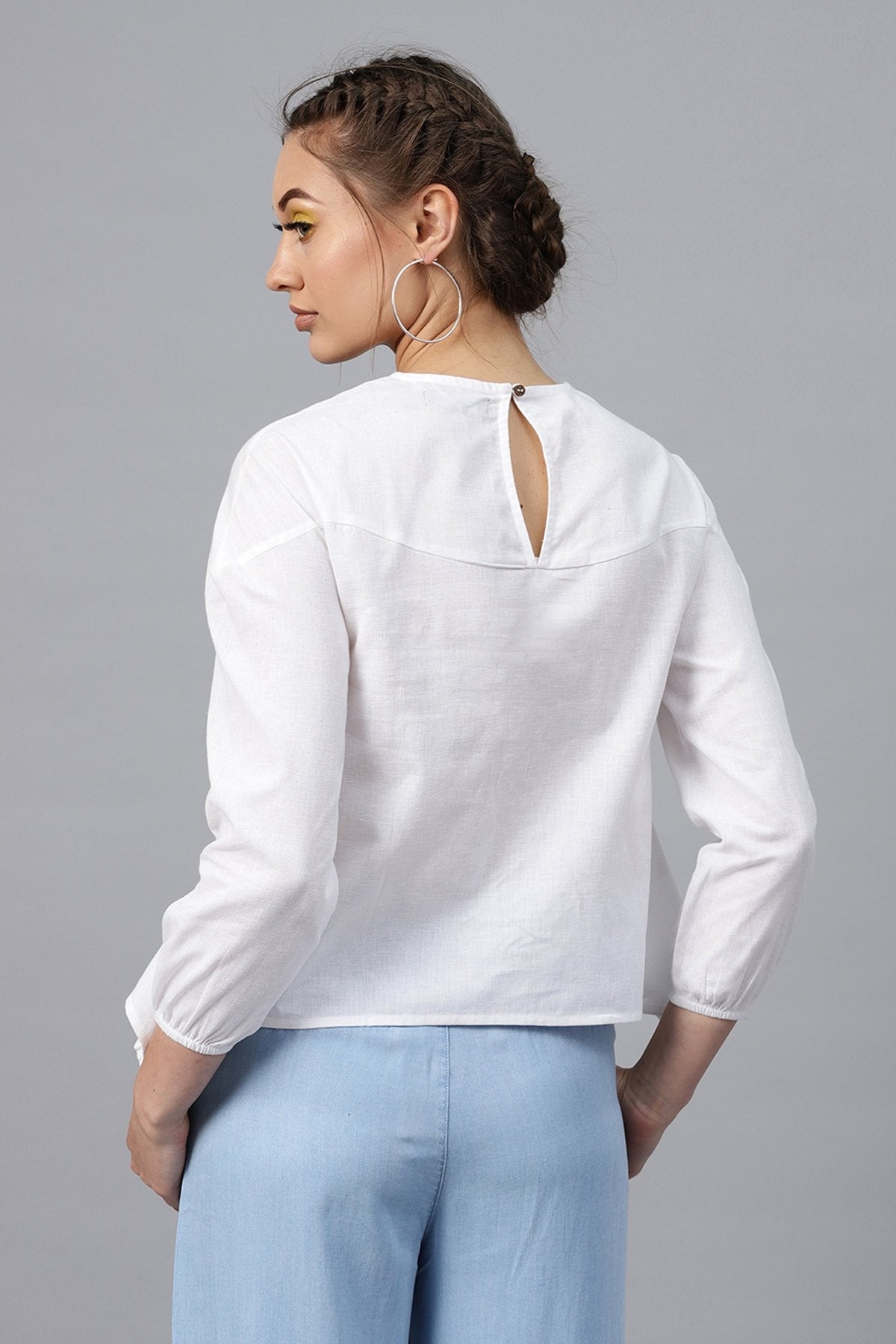 Women's White Neck Embroidered Top - SASSAFRAS